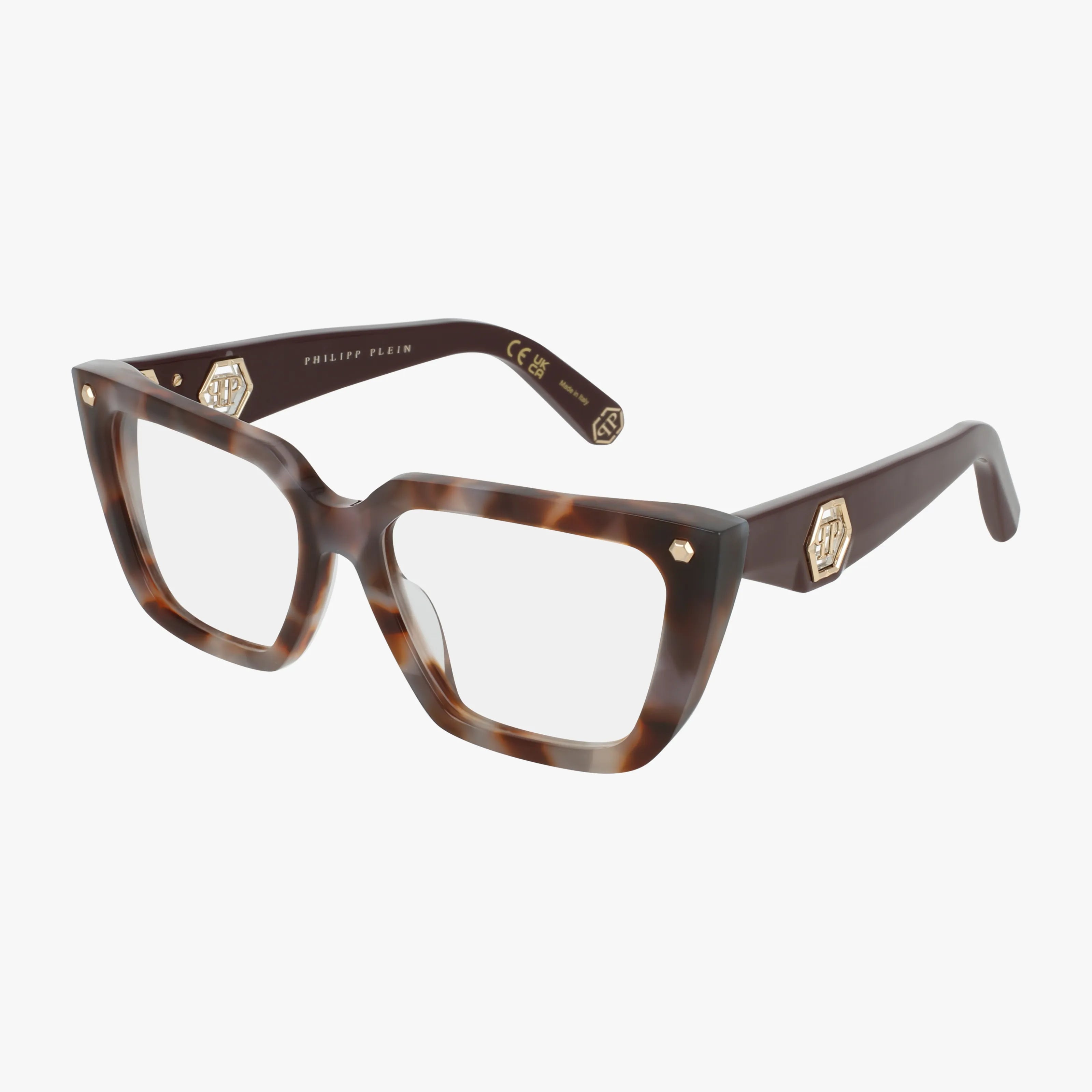 The VPP191 is a pair of rectangular eyeglasses with thick brown tortoiseshell frames, clear prescription lenses, gold hexagonal logos on the arms, and decorative gold screws near the hinges for a stylish, minimalist look.