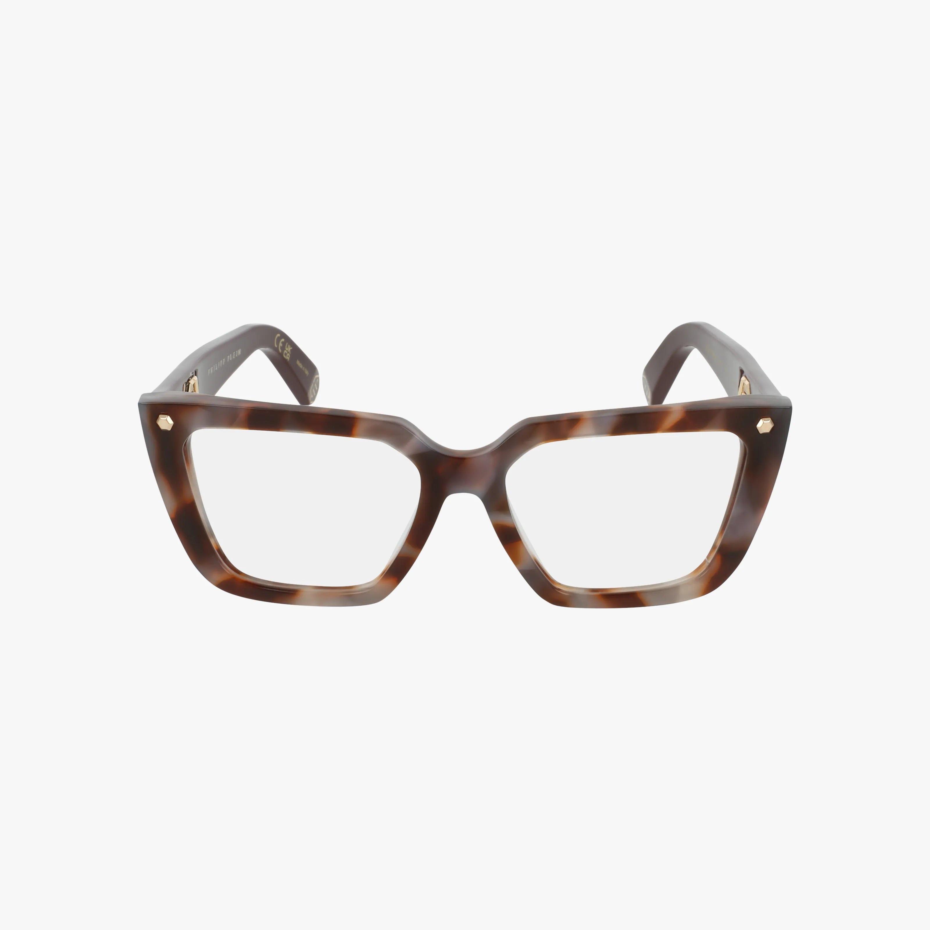 Front view of VPP191 cat-eye eyeglasses featuring a brown and beige tortoiseshell pattern, clear prescription lenses, and a minimalist frame, set against a plain white background.