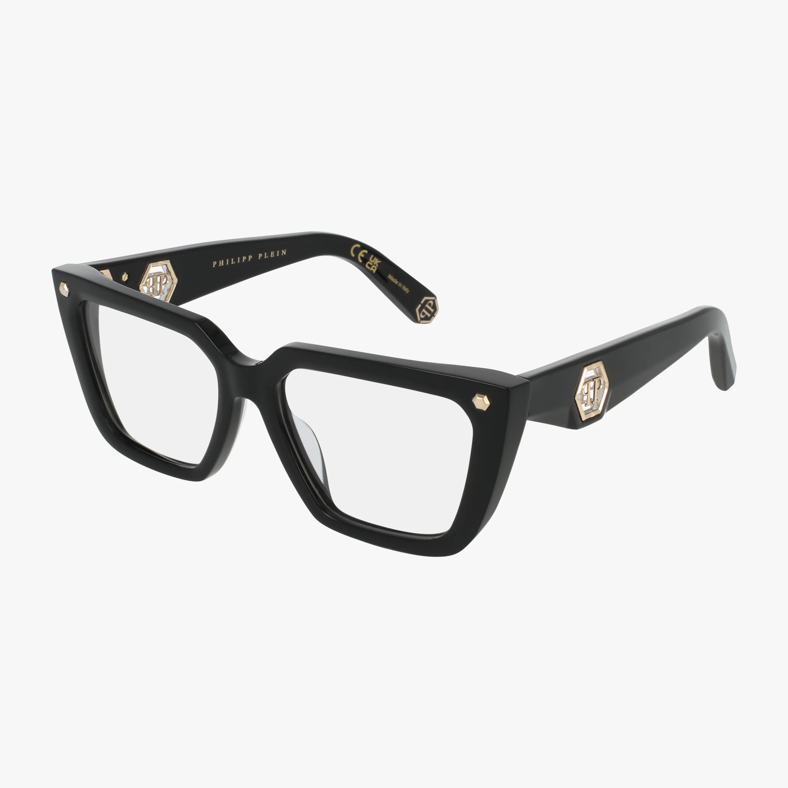 VPP191 black rectangular eyeglasses with a minimalist frame, thick temples, and gold hexagonal accents are displayed on a white background.