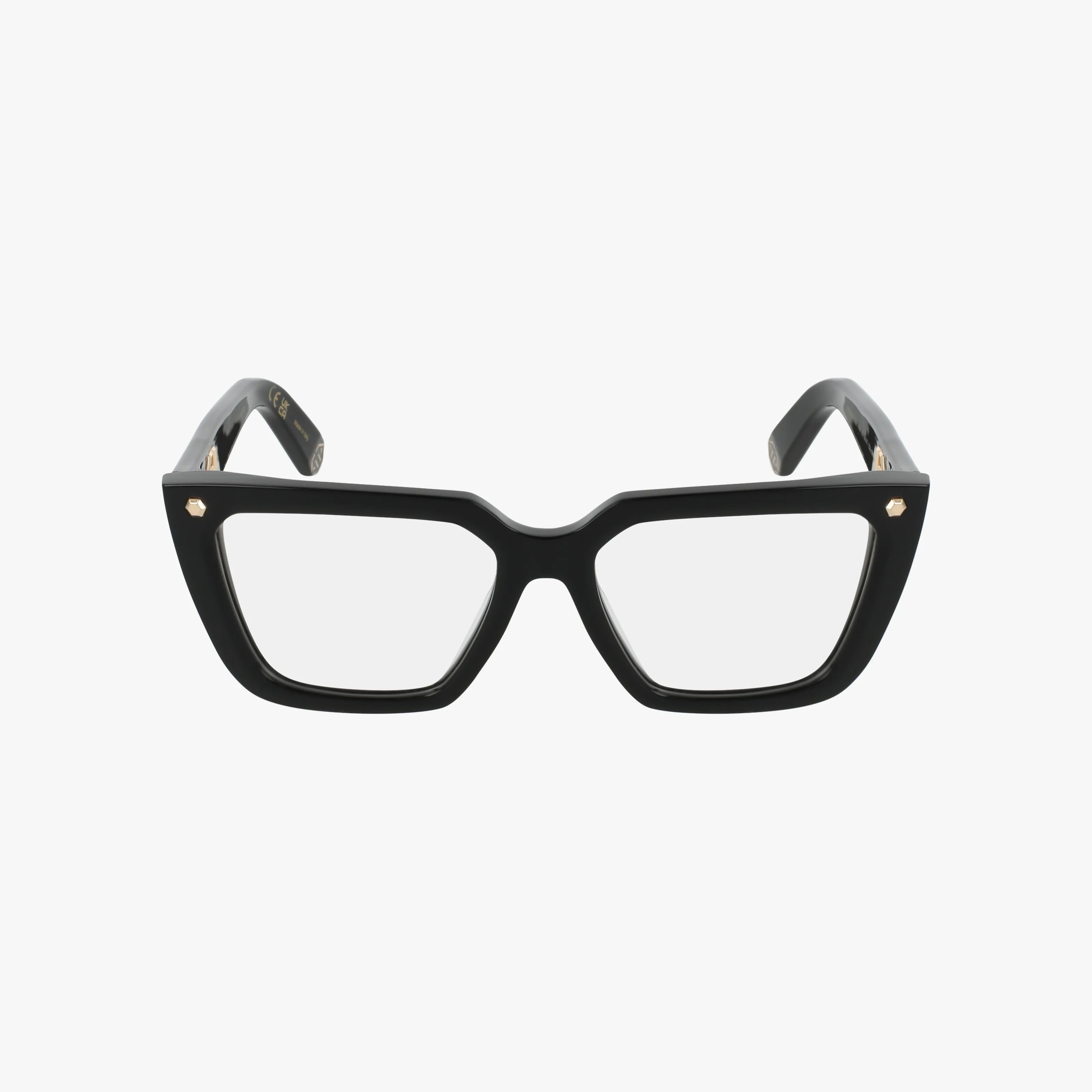 Front view of VPP191 black, thick-rimmed cat-eye eyeglasses with prescription and clear lenses, displayed on a plain white background.