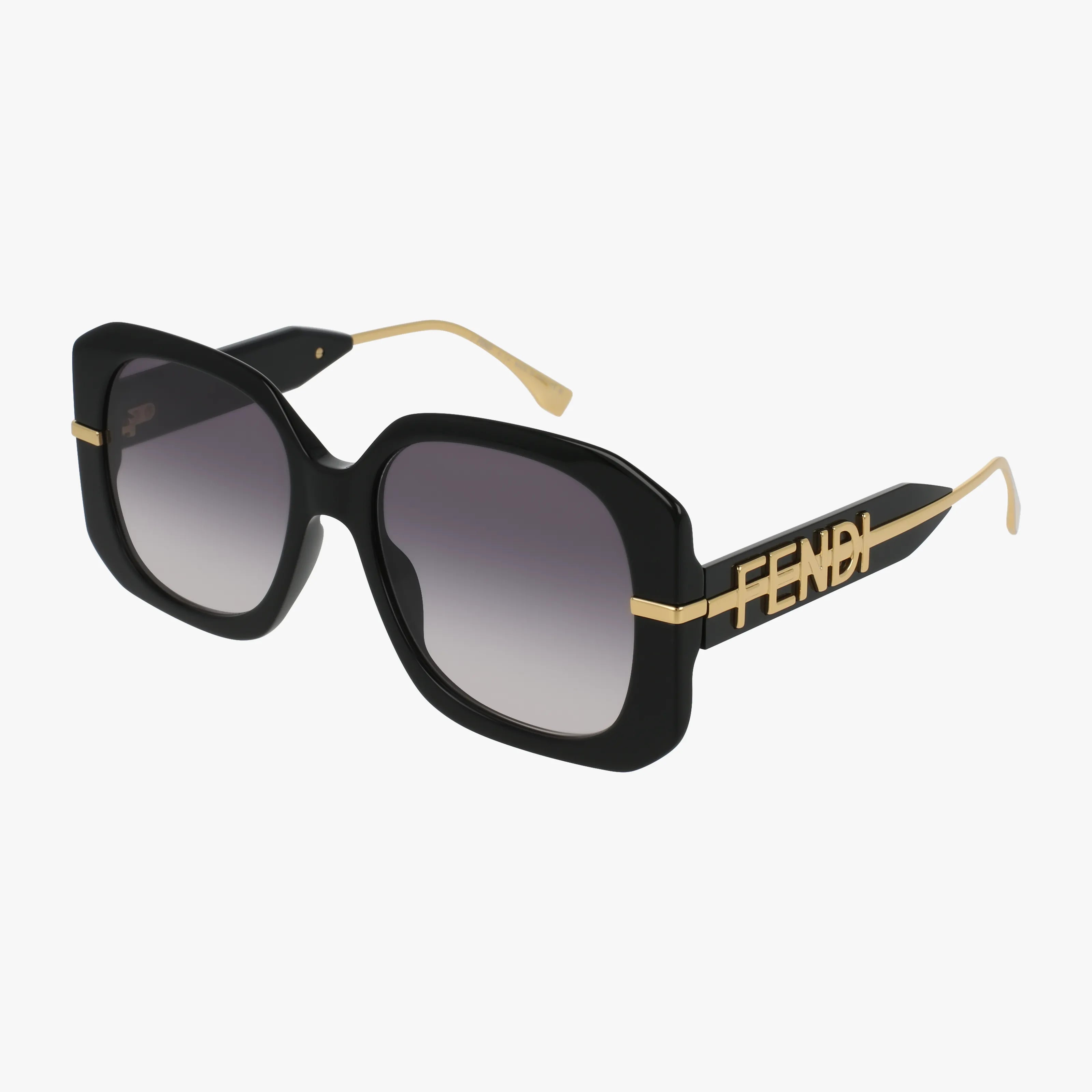 The FE40065I sunglasses feature a black square frame with gold accents, including a front gold stripe and FENDI branding on thick arms. These modern shades offer durable construction and gradient lenses for stylish, functional protection.