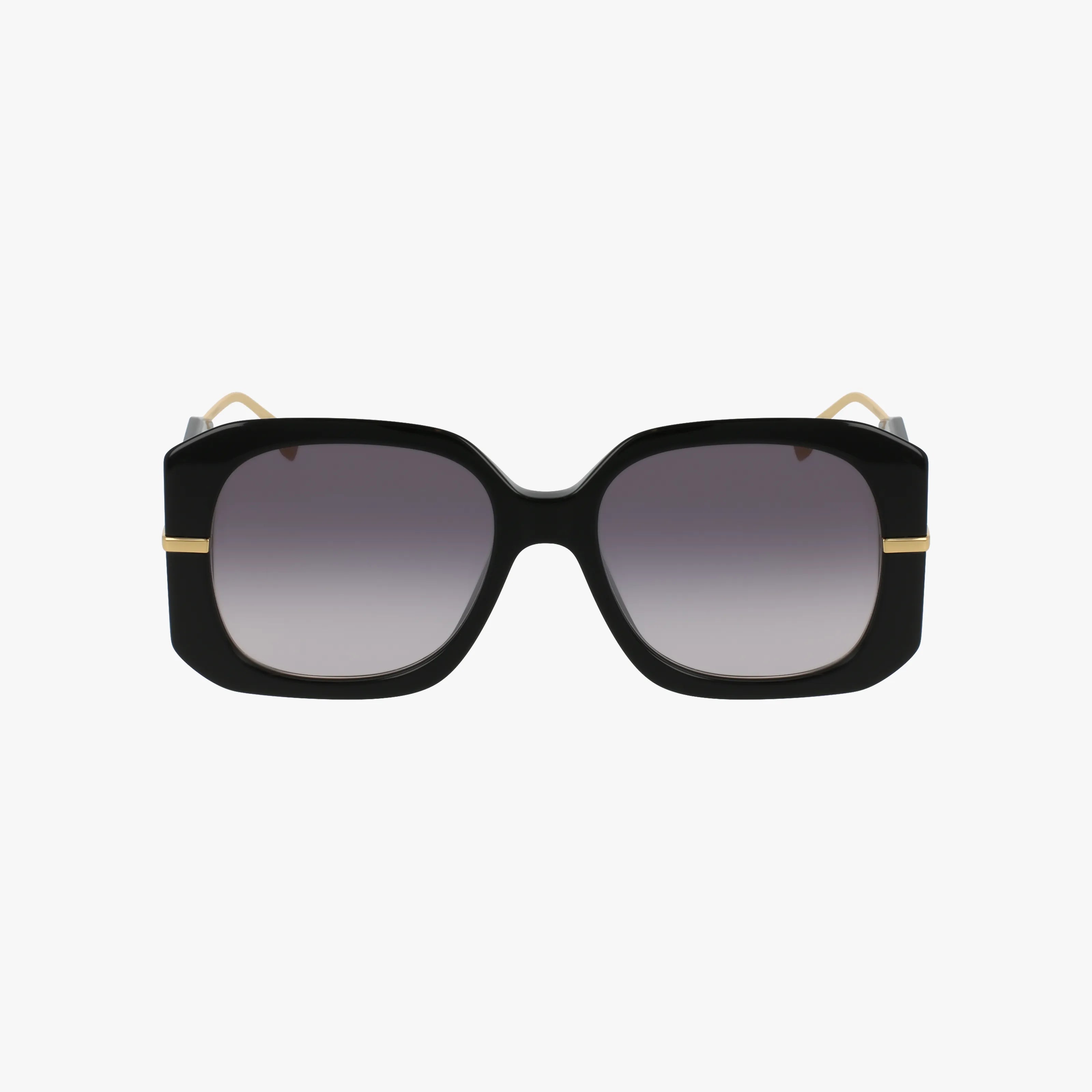 The FE40065I sunglasses feature a durable frame, black square design, thick temples with gold accents, and gradient gray lenses—offering stylish sun protection. Displayed on a plain white background.