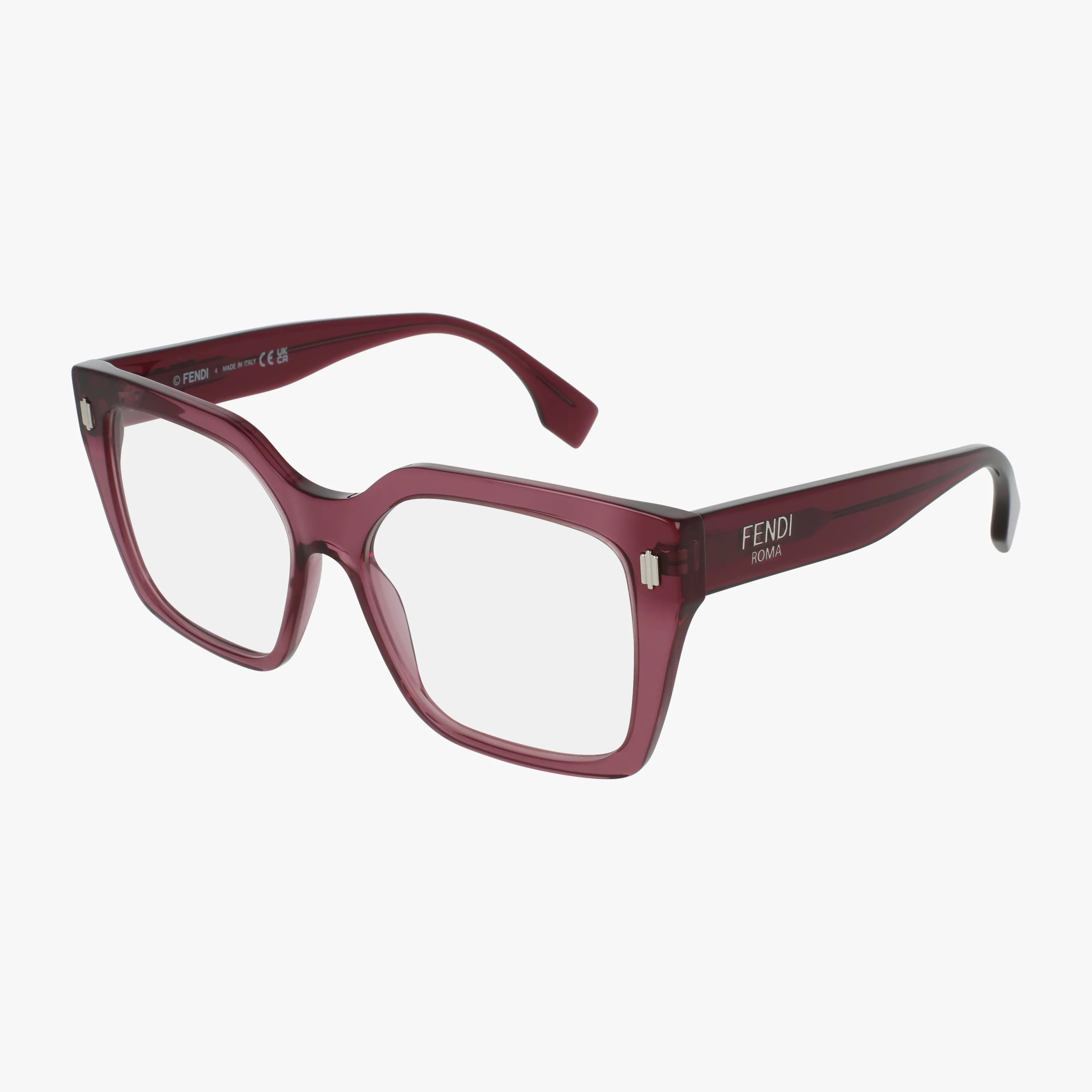Burgundy Fendi FE50085I eyeglasses with large rectangular minimalist frames, transparent lenses, and the FENDI ROMA logo on the left temple. Designed for modern durability and style, shown on a white background.