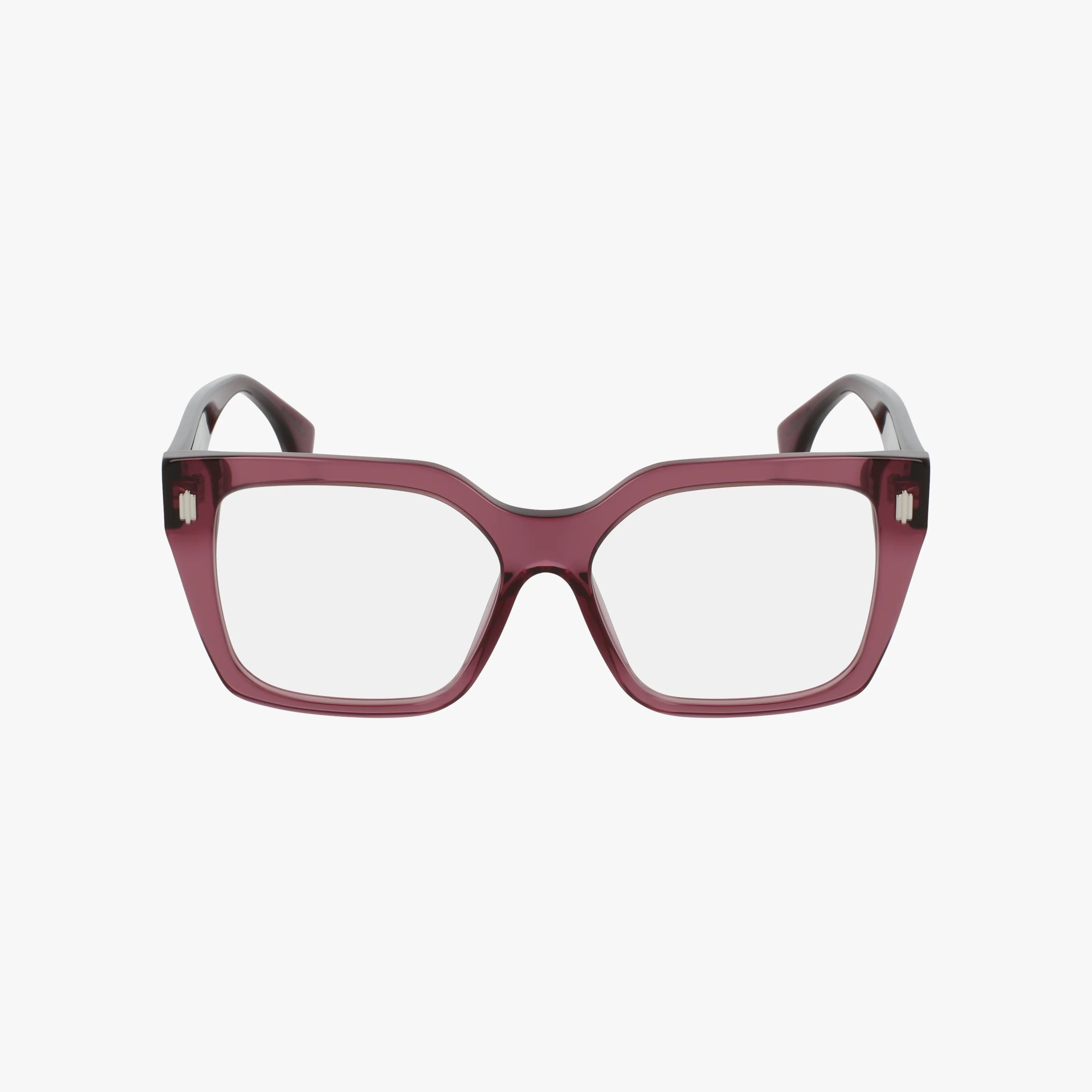 Front view of FE50085I rectangular eyeglasses with a minimalist, thick burgundy frame and clear prescription lenses, displayed against a plain white background.