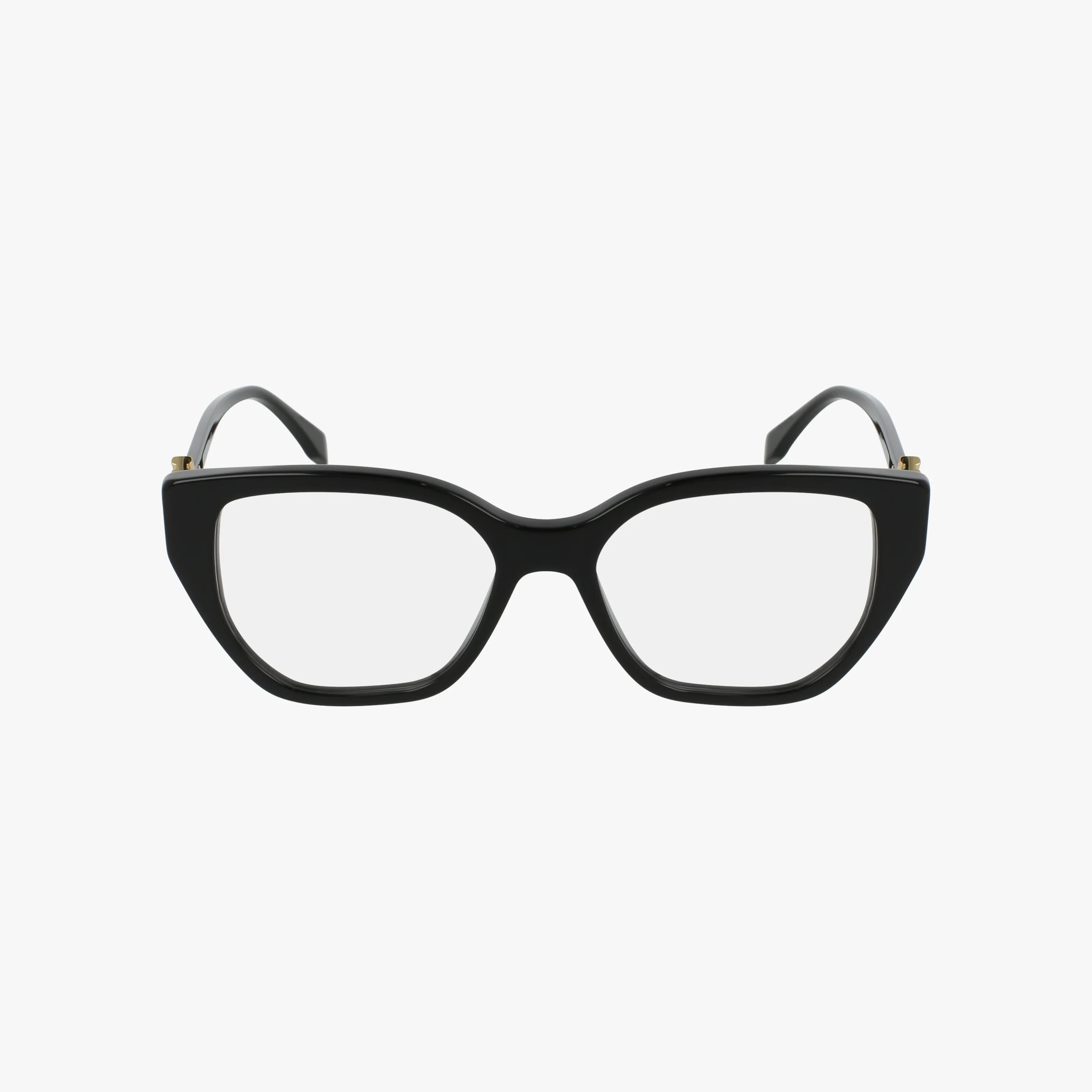 The FE50100I features black cat-eye frames with clear lenses, gold temple accents, and a resilient build, presenting a modern design against a white background.