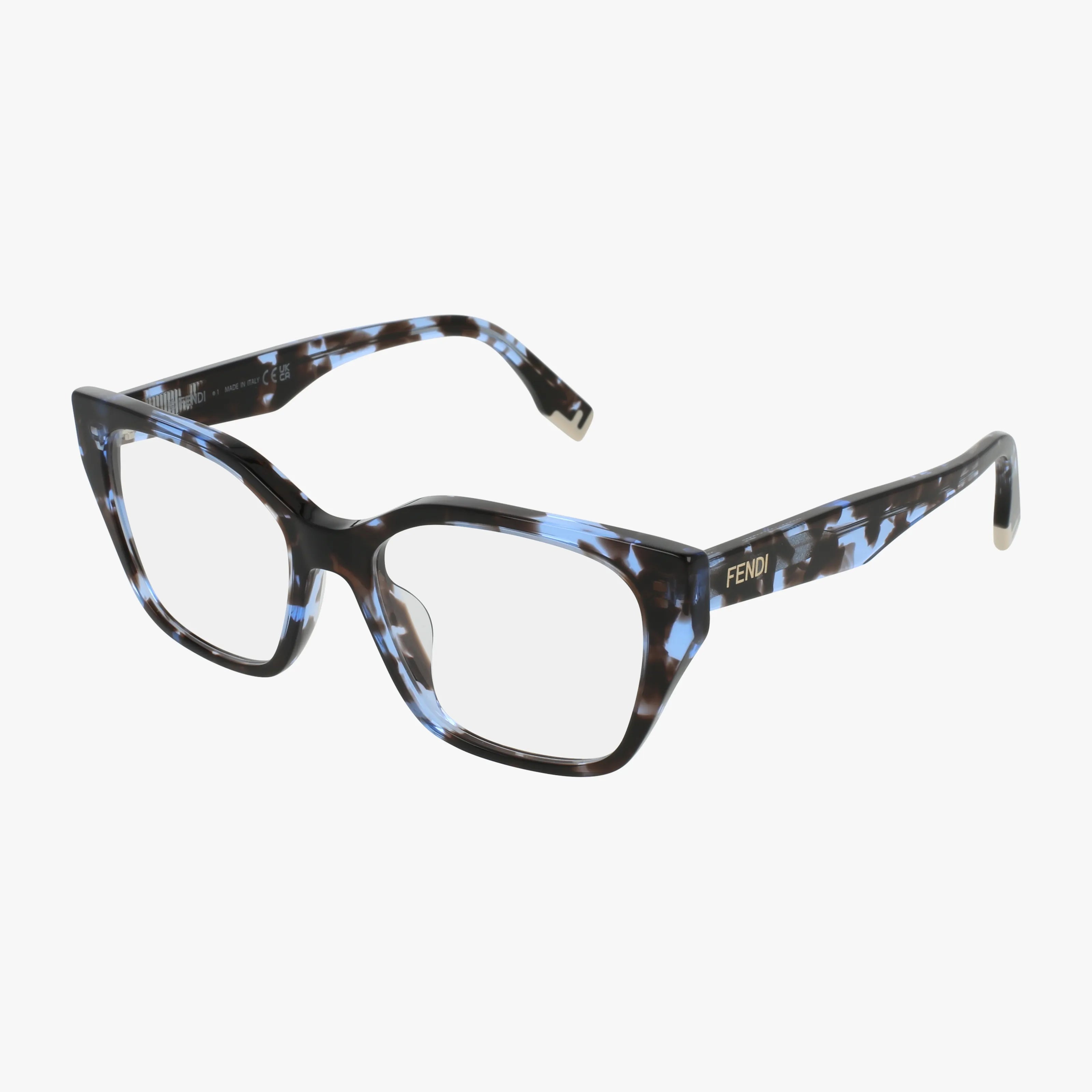 The Fendi FE50001I eyeglasses showcase thick, square frames in a blue, black, and white marbled pattern with a gold Fendi logo on the temple—blending standout style and functionality for progressive lenses.