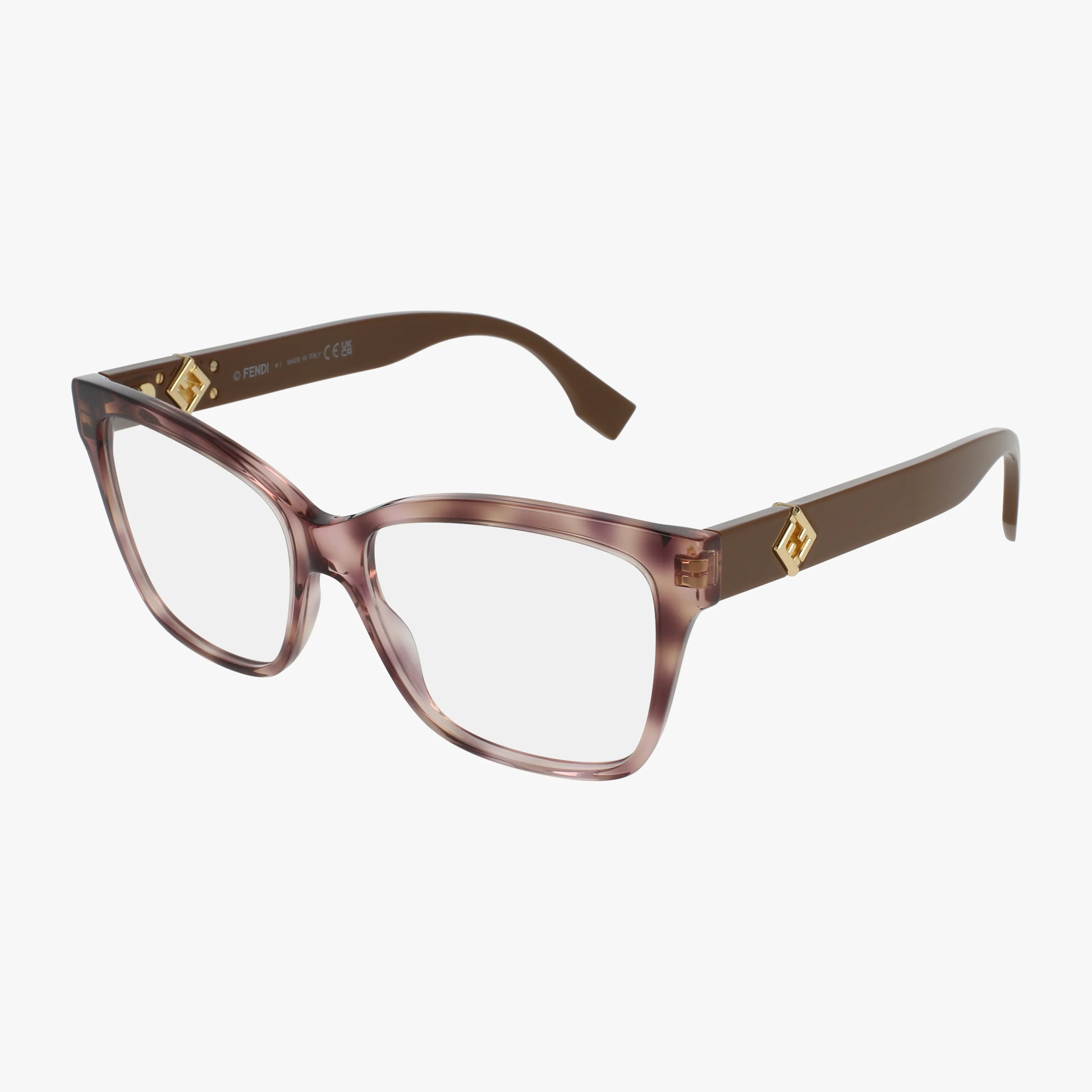 FE50117I brown rectangular eyeglasses with transparent light brown frames and sturdy solid brown arms, highlighted by a small gold square at the temples—a fashionable eyewear choice, displayed on a white background.