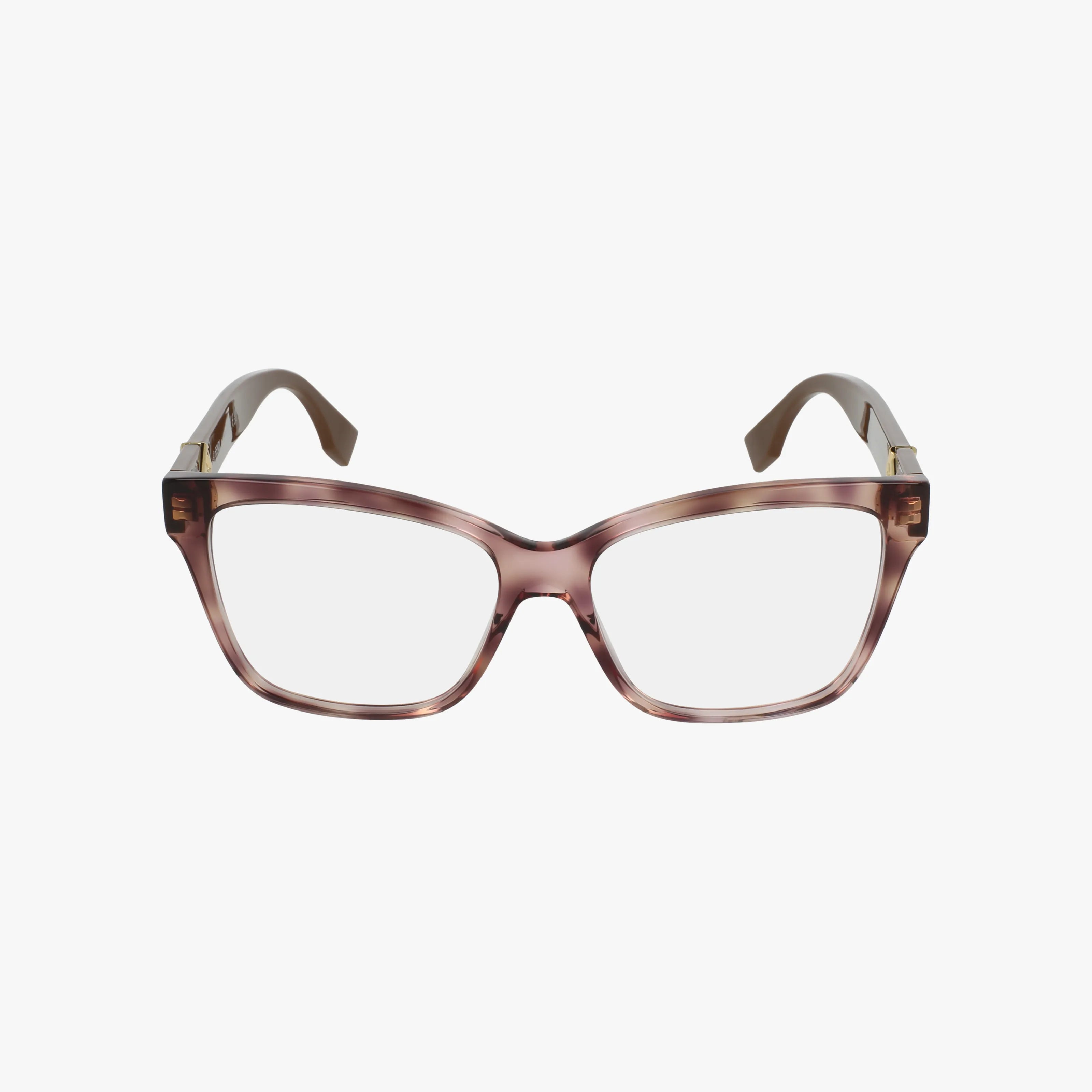 The FE50117I eyeglasses feature translucent pinkish-brown rectangular frames with clear lenses, adding a stylish touch of fashion eyewear, shown against a plain white background.