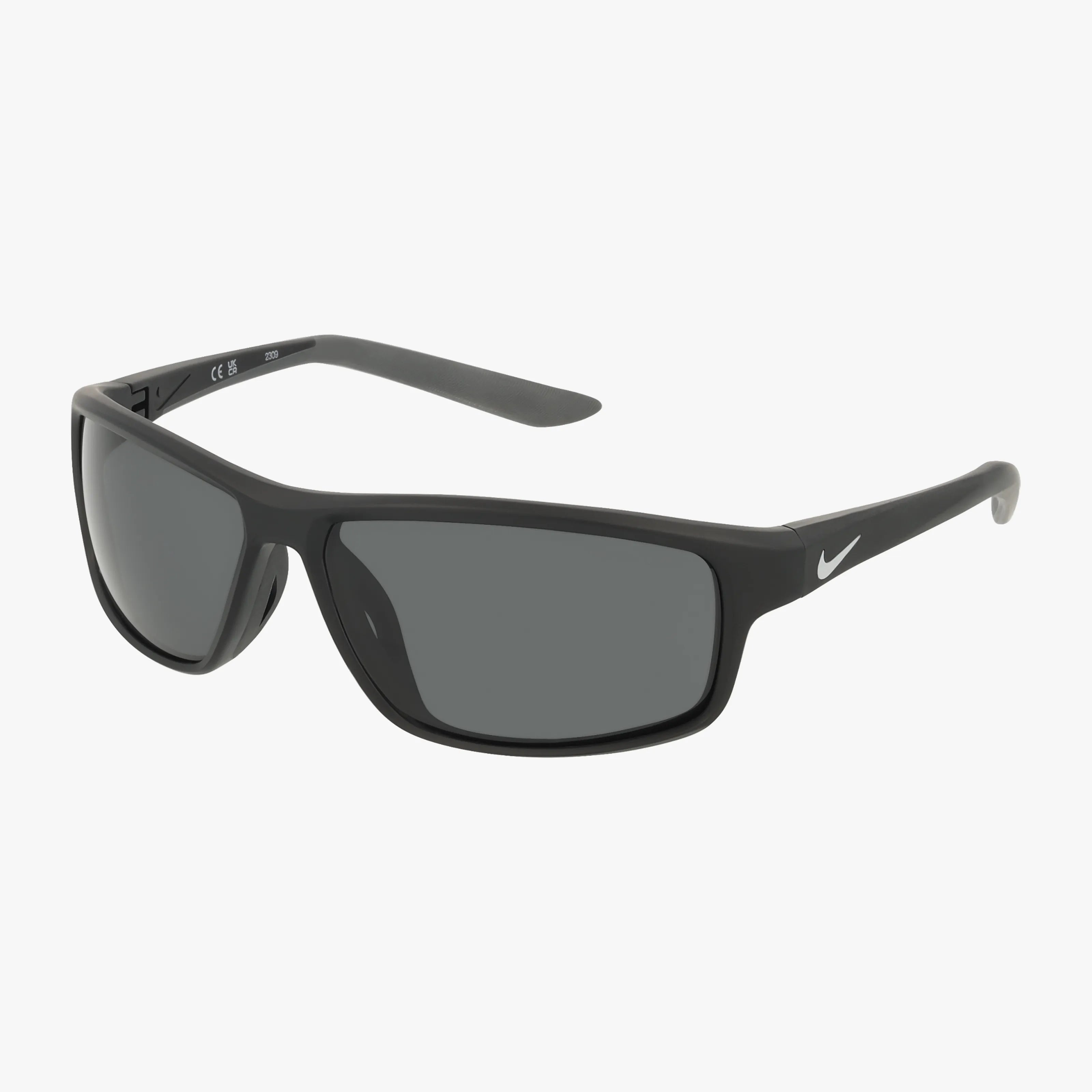 The NIKE DV2371 features black rectangular frames, premium lenses, and a white Nike logo on the temples. Displayed on a plain white background. Shop online to enjoy exclusive benefits with these stylish sunglasses.