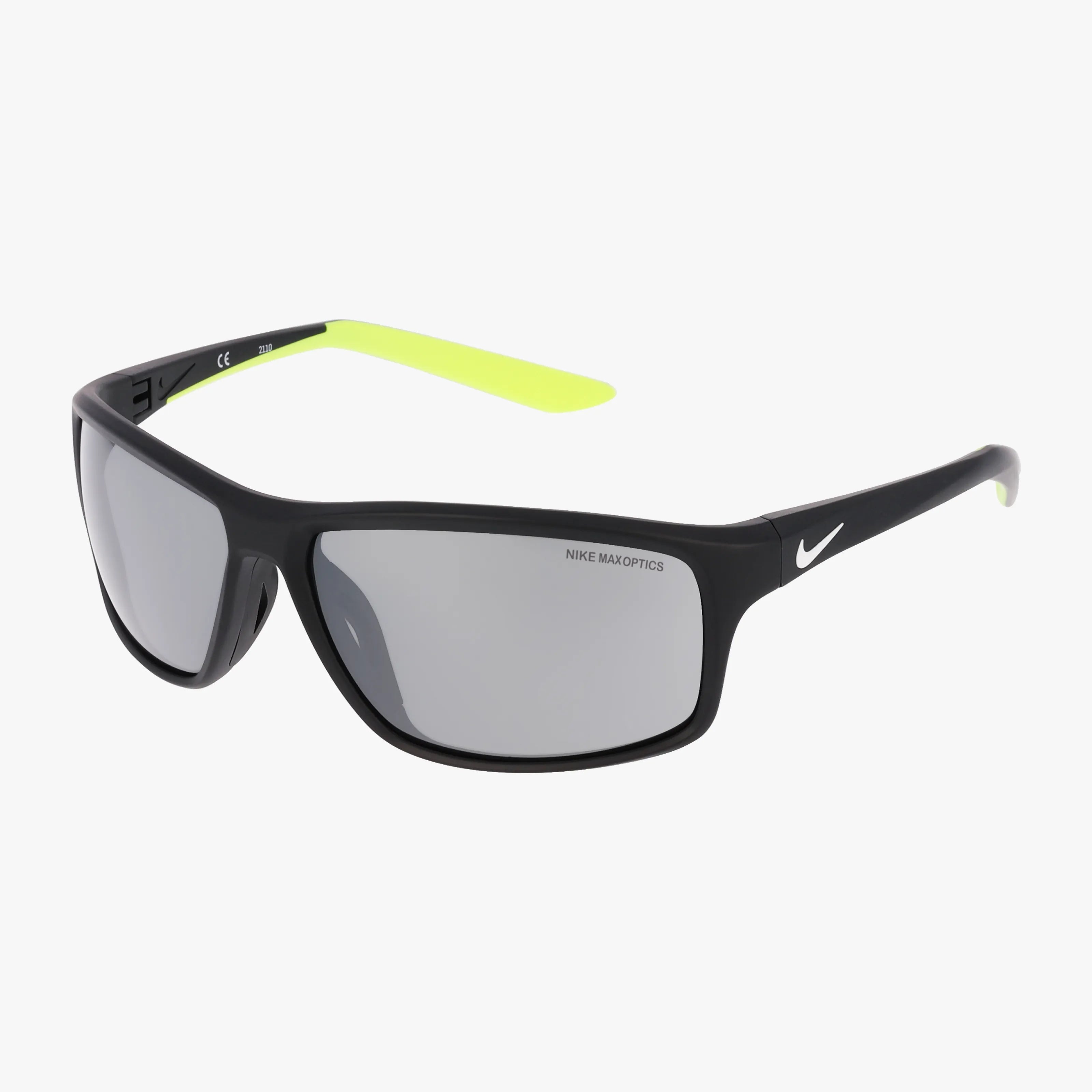 The NIKE DV2372 sunglasses feature rectangular mirrored lenses, a durable frame with a white Nike swoosh, and neon yellow arm tips, making them versatile for any style. Shown on a white background.