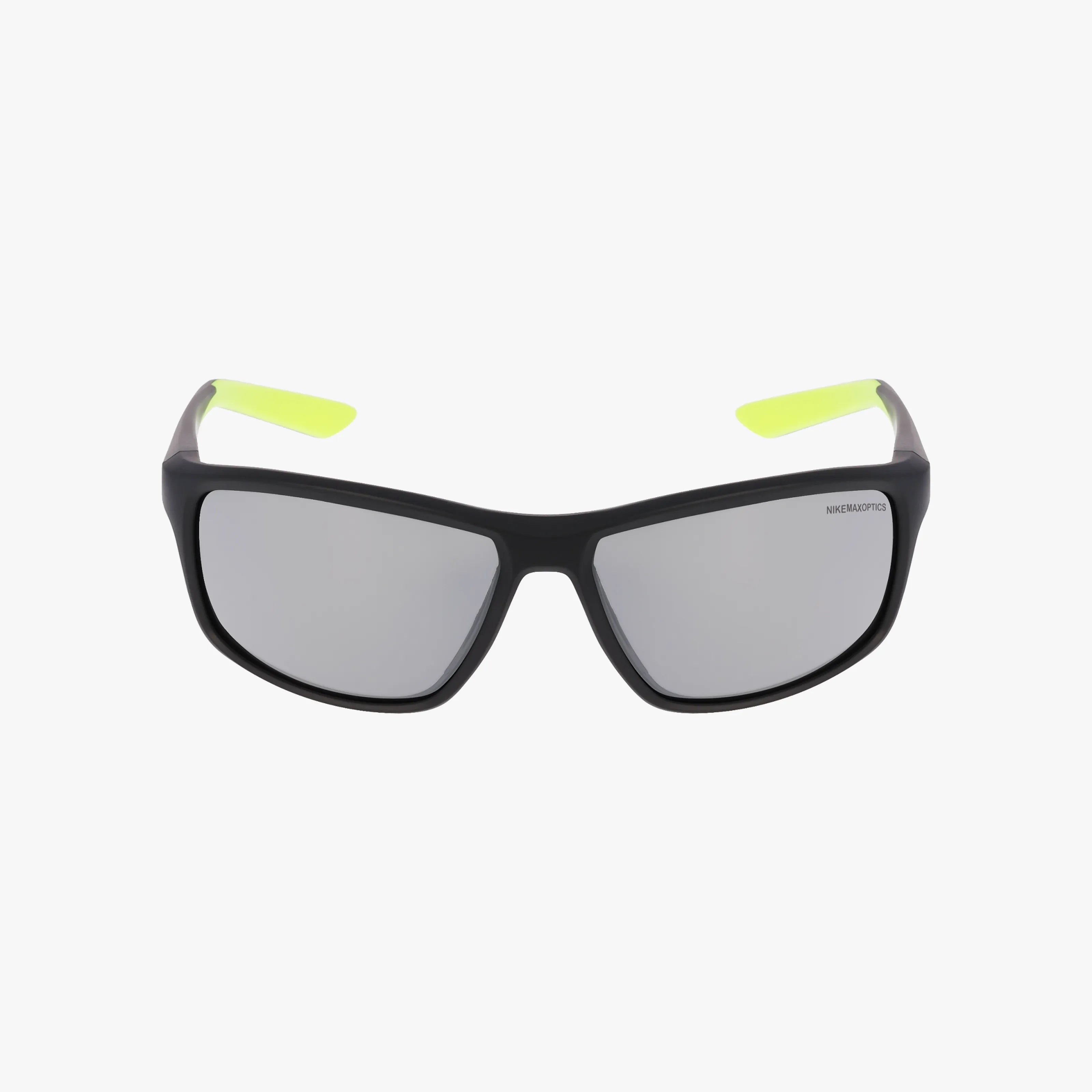 The NIKE DV2372 sunglasses feature black frames, mirrored lenses, and neon yellow arm tips with a durable design, shown on a plain white background.