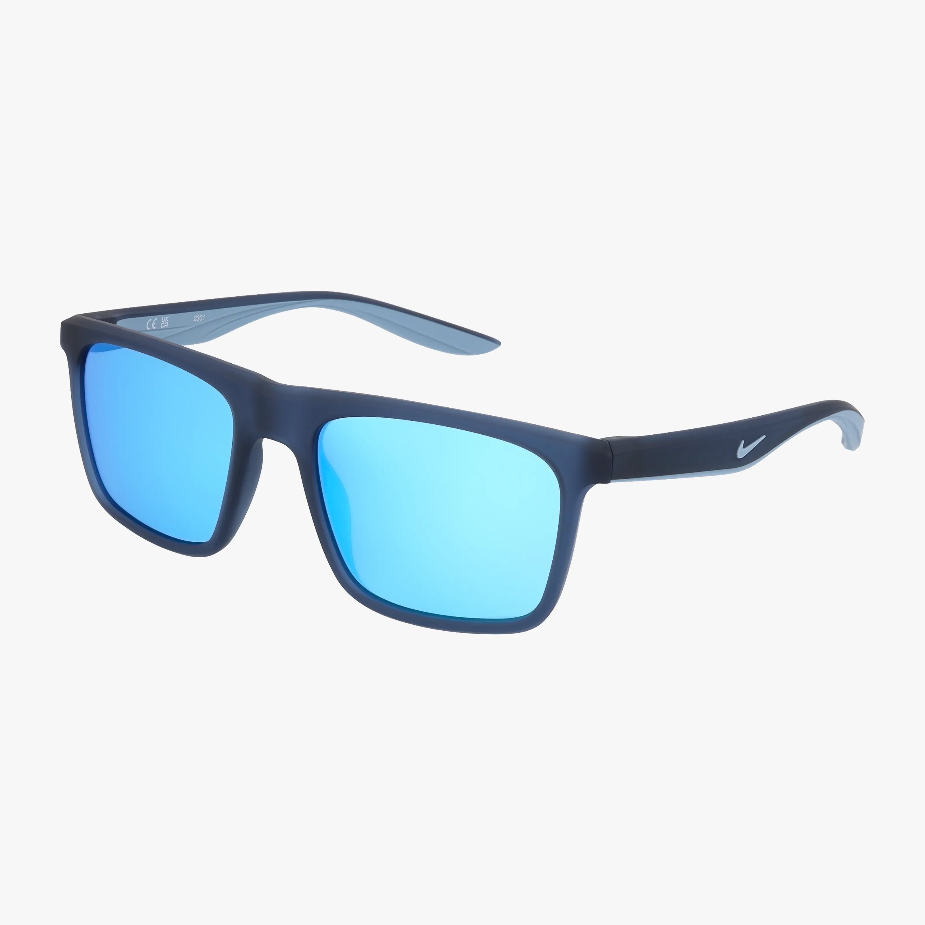 The NIKE DZ7373 features bold blue rectangular frames, mirrored lenses, and a small white Nike swoosh on the left temple. Built with a durable frame, these sunglasses are displayed against a white background.