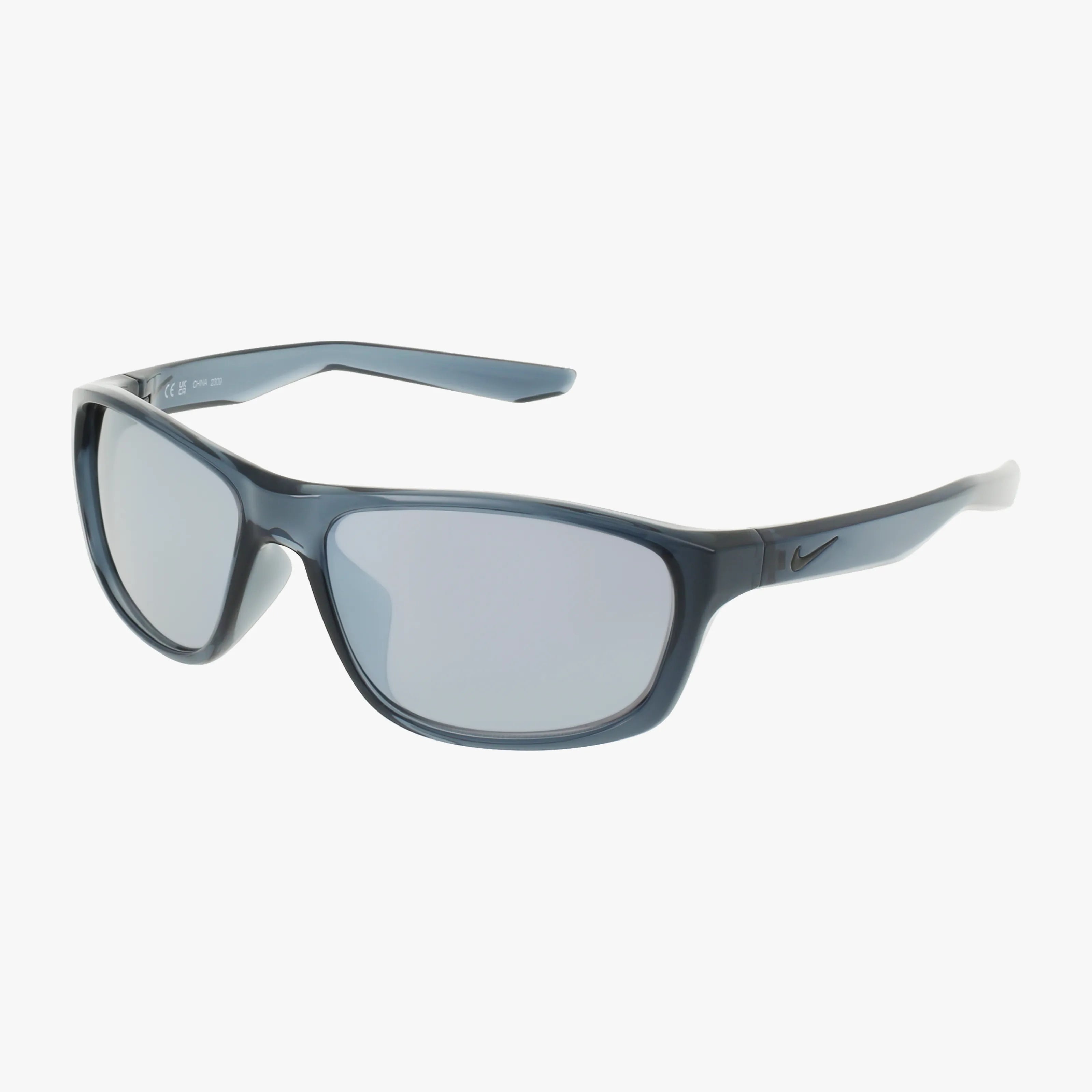 The NIKE FD1806 sunglasses feature translucent gray frames, rectangular mirrored lenses, and a subtle swoosh logo on the temples. Shop these stylish sunglasses online now—ideal for outdoor adventures, shown on a white background.