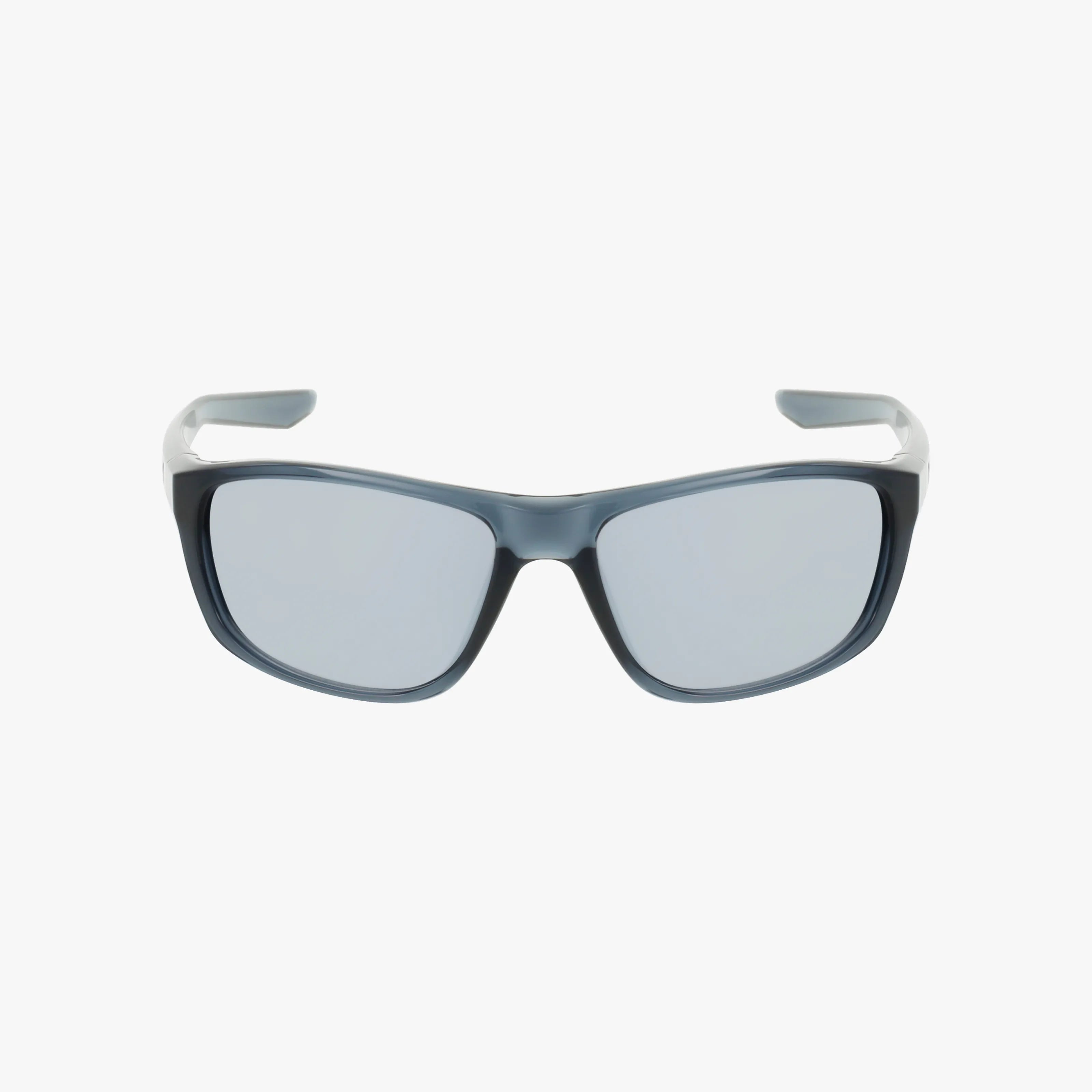 Front view of NIKE FD1806 rectangular sunglasses with dark grey frames and mirrored lenses, ideal for outdoor adventures. Shop these stylish sunglasses online, shown on a plain white background.