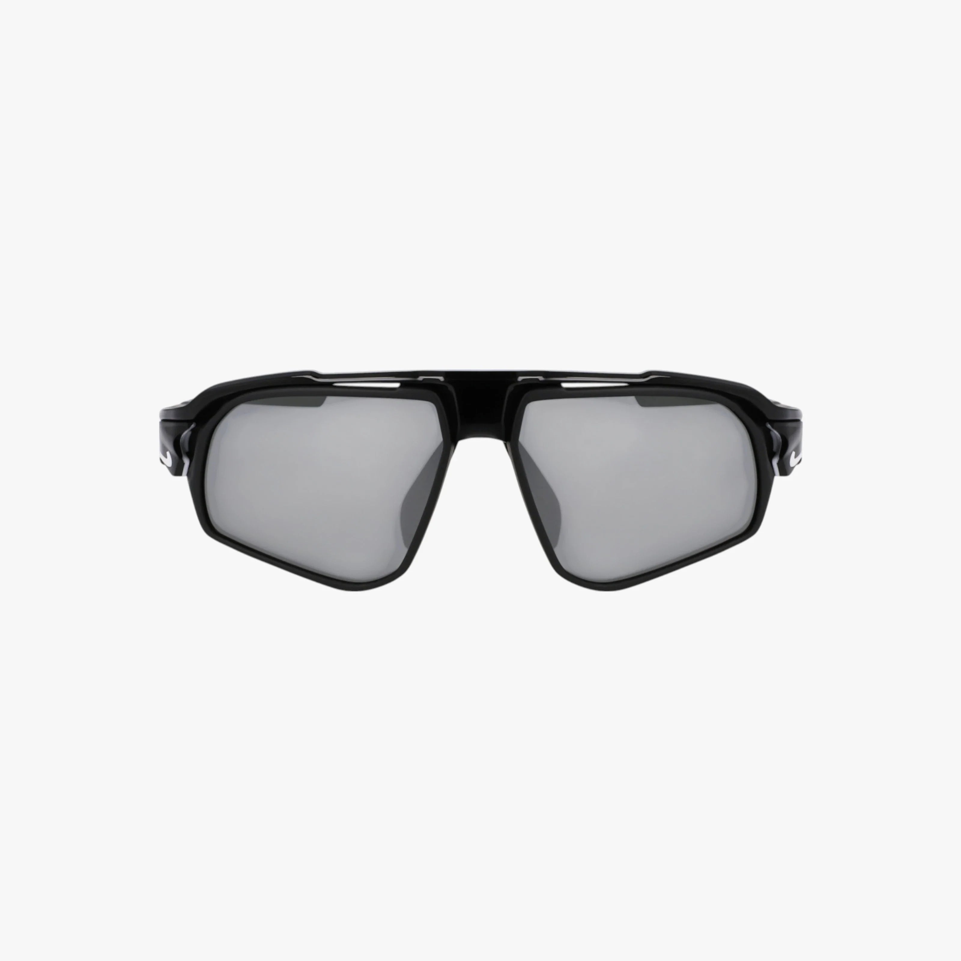 Front view of NIKE FV2387 black sports sunglasses featuring angular mirrored lenses and a sturdy wraparound frame for UV protection, displayed on a plain white background.