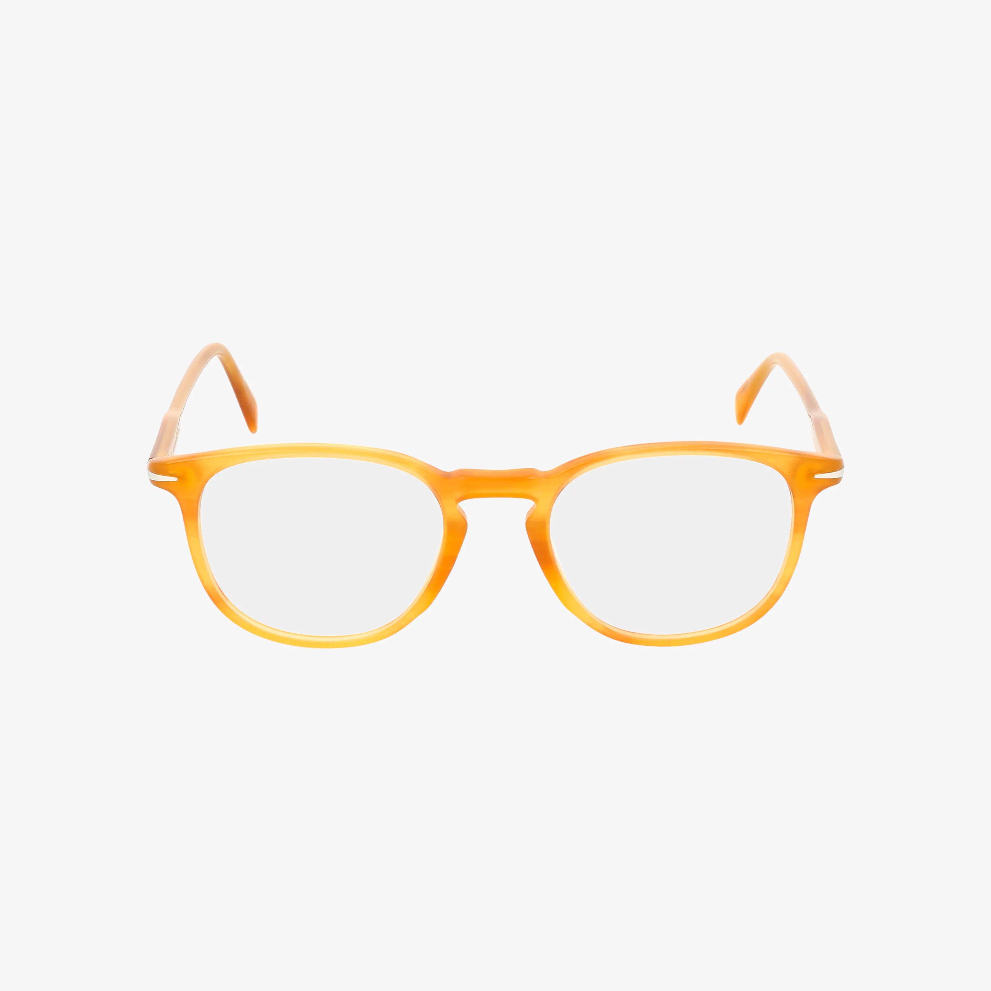 The DB 1160 eyeglasses feature round, transparent lenses and a bright orange polished frame, offering style and comfort. Displayed on a plain white background.