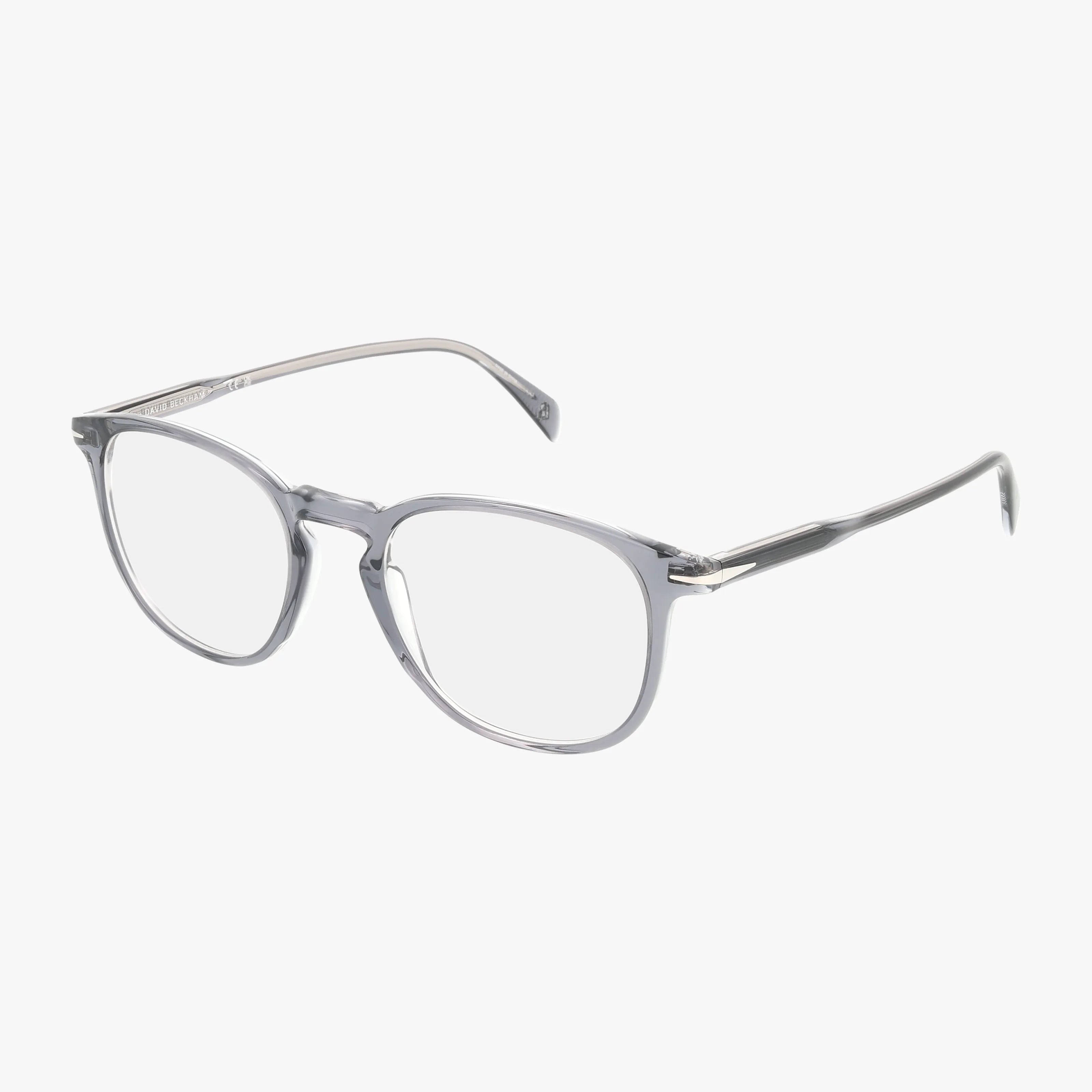 The DB 1160 features transparent gray, round lenses and thin arms with a polished frame, combining modern style and durability. Shown on a white background at a slight angle.