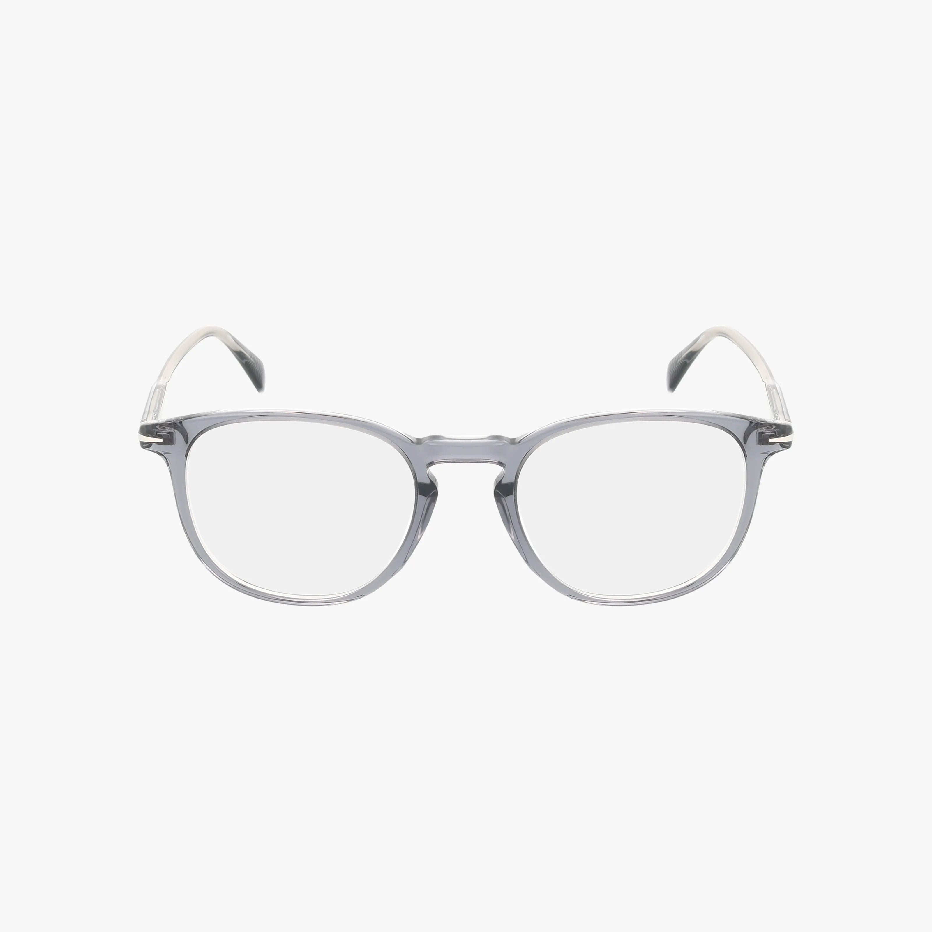 The DB 1160 eyeglasses feature clear lenses, a polished transparent gray frame, and white temple tips for a stylish yet durable look, displayed against a plain white background.