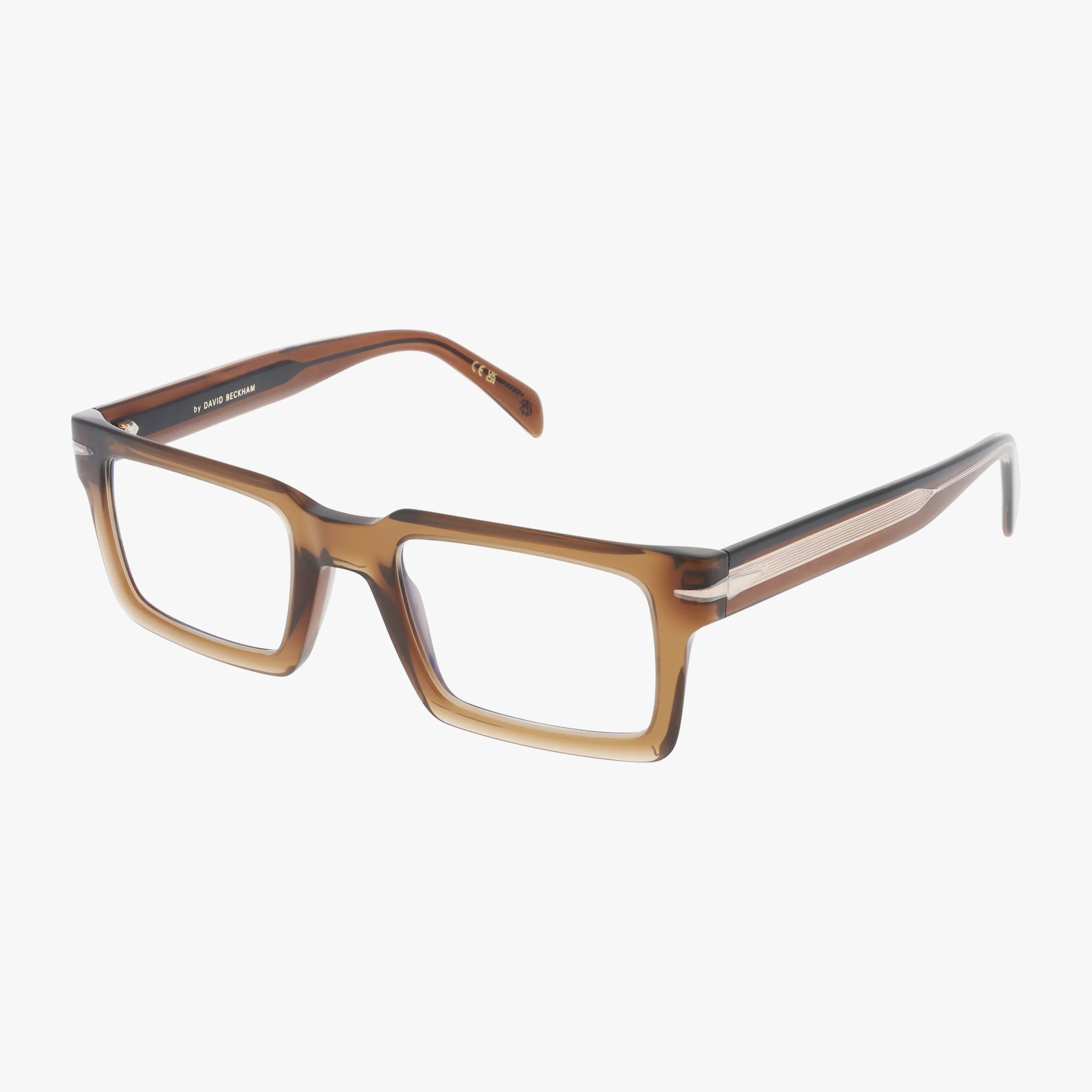 The DB 7126 rectangular eyeglasses feature thick, brown translucent frames and wide temples for a bold look and practical design, shown against a white background.