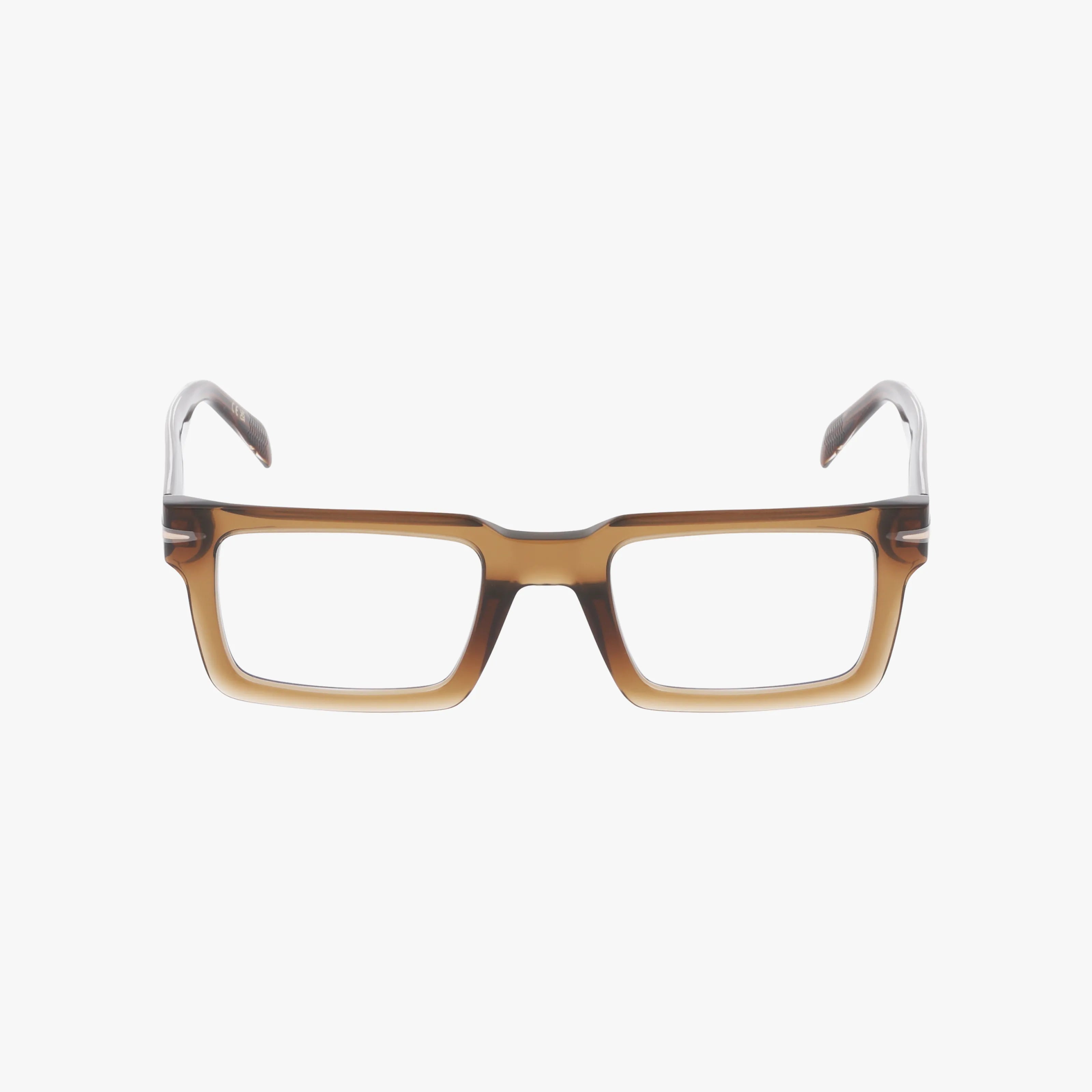 Front view of DB 7126 rectangular eyeglasses with thick, brown gradient frames and clear temples, offering a distinct style and functional design ideal for progressive lenses. Shown on a white background.