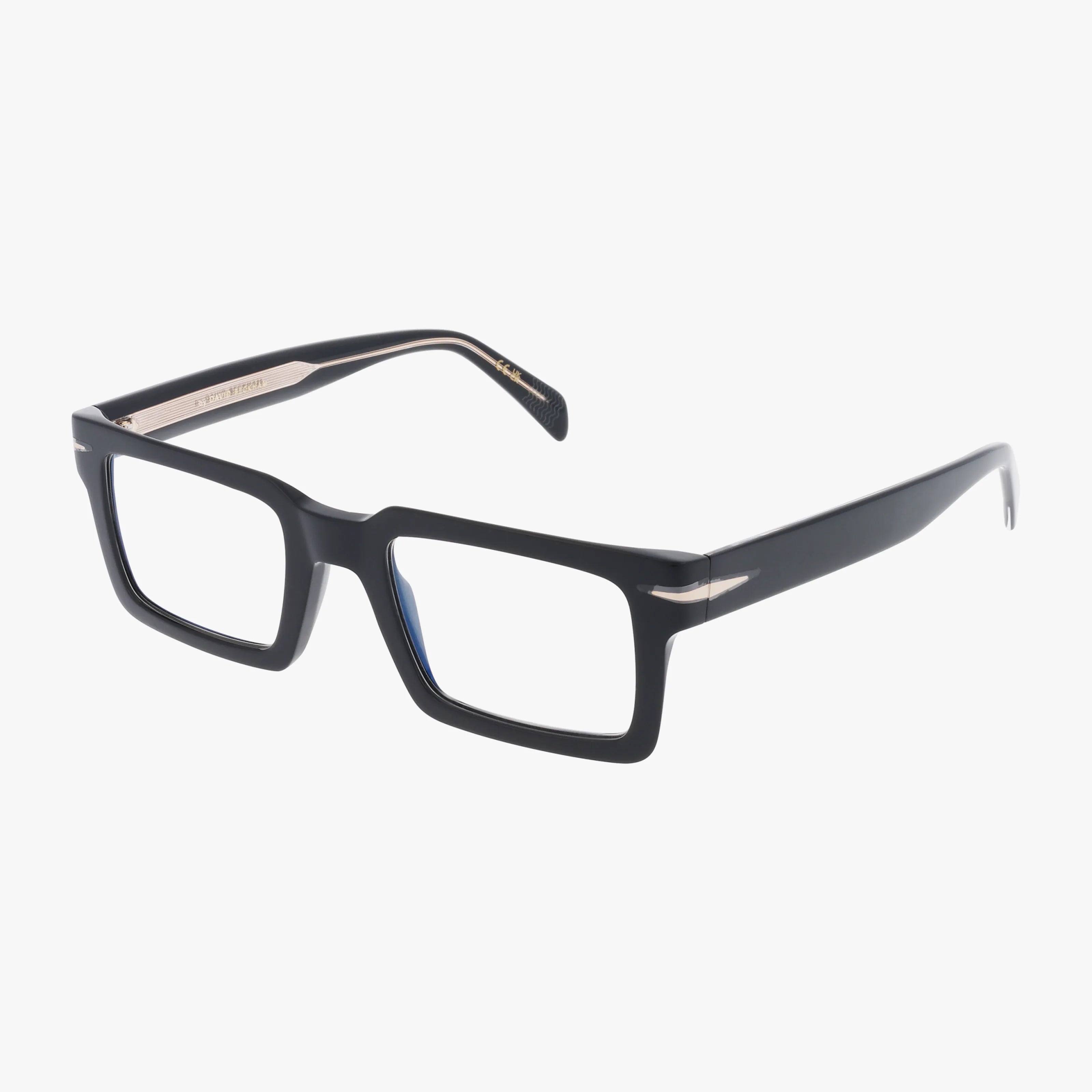 The DB 7126 is a pair of black rectangular eyeglasses with thick frames and subtle metallic temple accents, designed for functionality and shown against a plain white background.