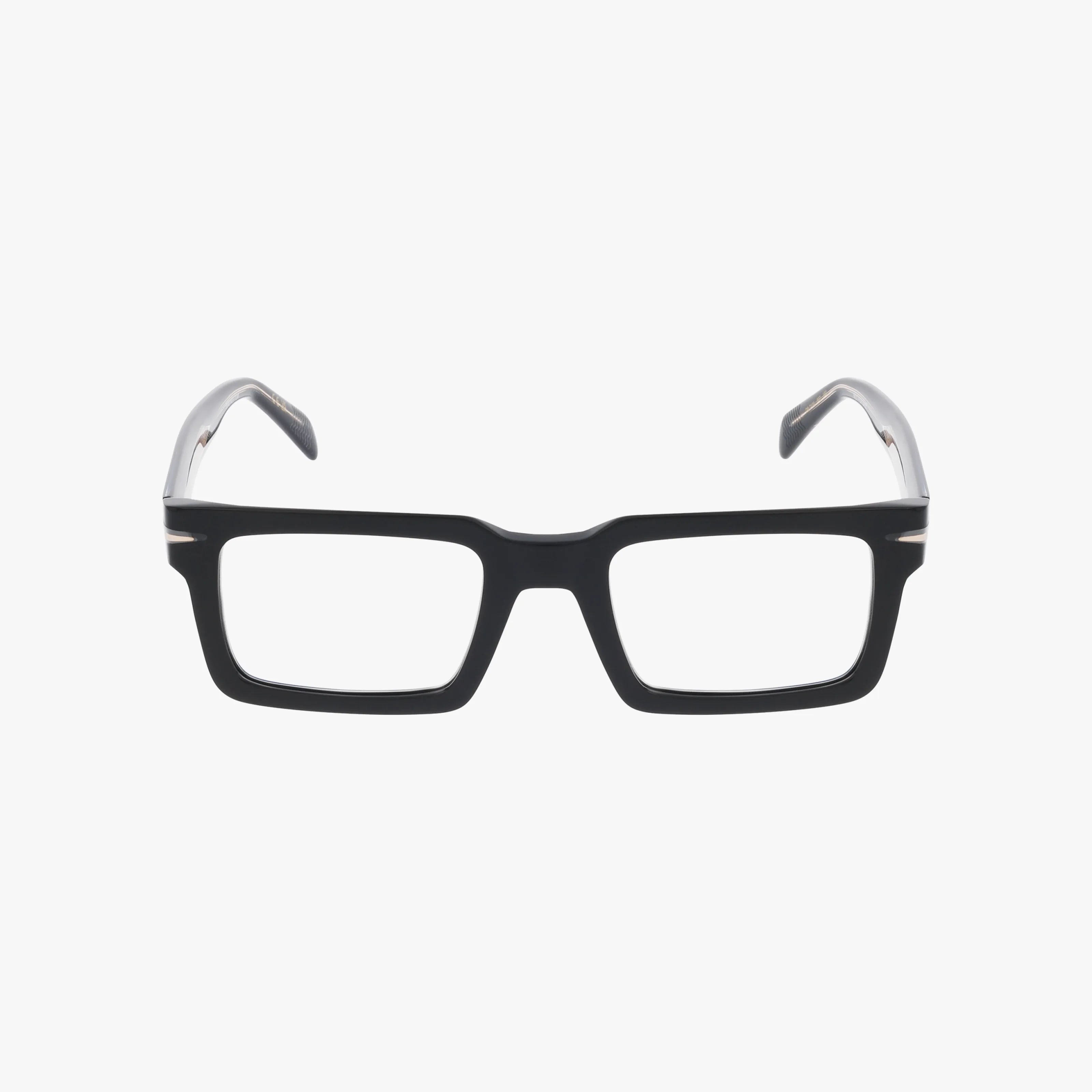 DB 7126 black rectangular eyeglasses feature thick frames and gently curved clear temples for a unique, functional style, presented on a plain white background.
