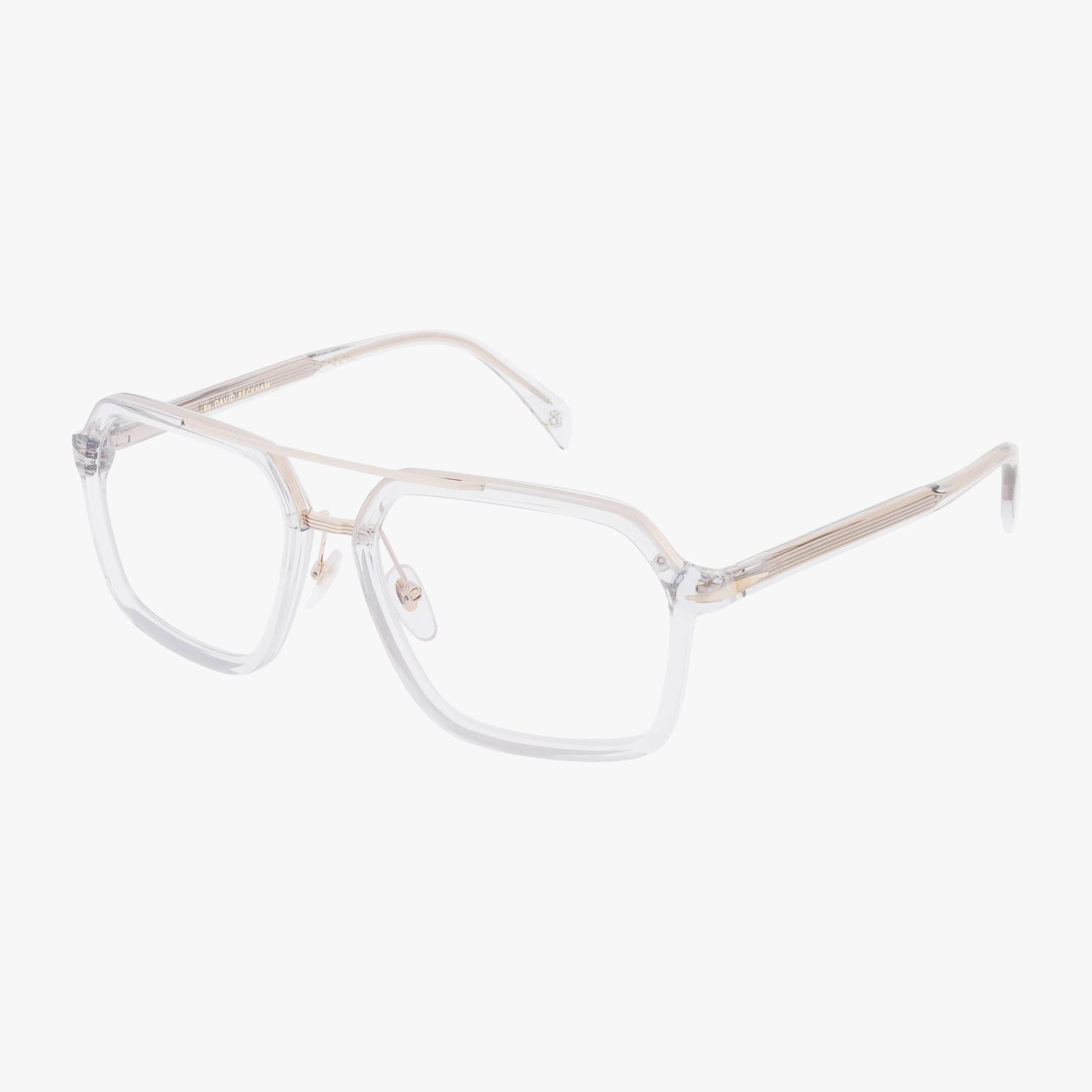 DB 7128 square eyeglasses feature clear, oversized frames with thin, light-colored arms. Their robust design and lasting elegance stand out against a white background.
