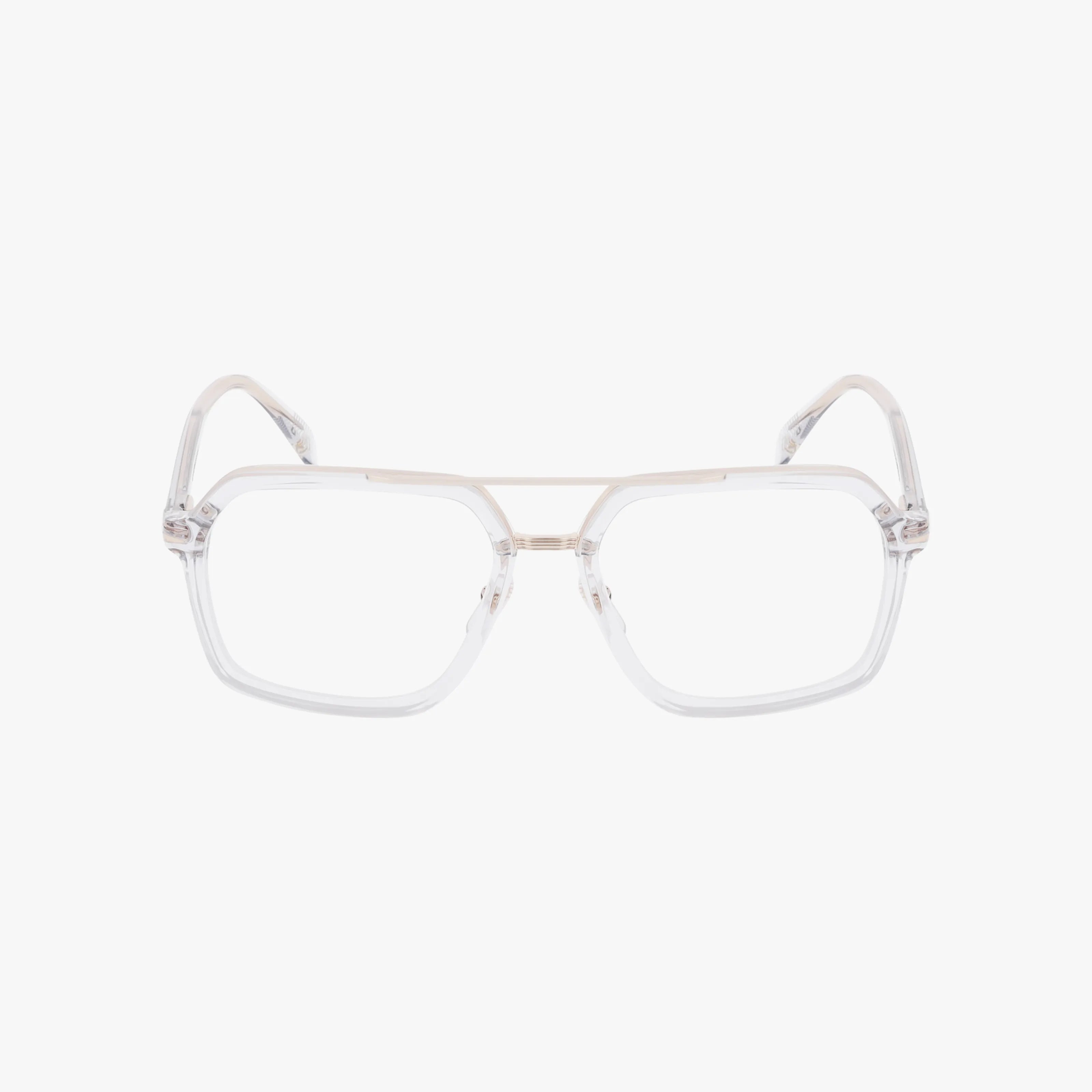 The DB 7128 features clear frames, oversized square lenses, and a slim gold bridge for lasting elegance and robust design, shown against a white background.