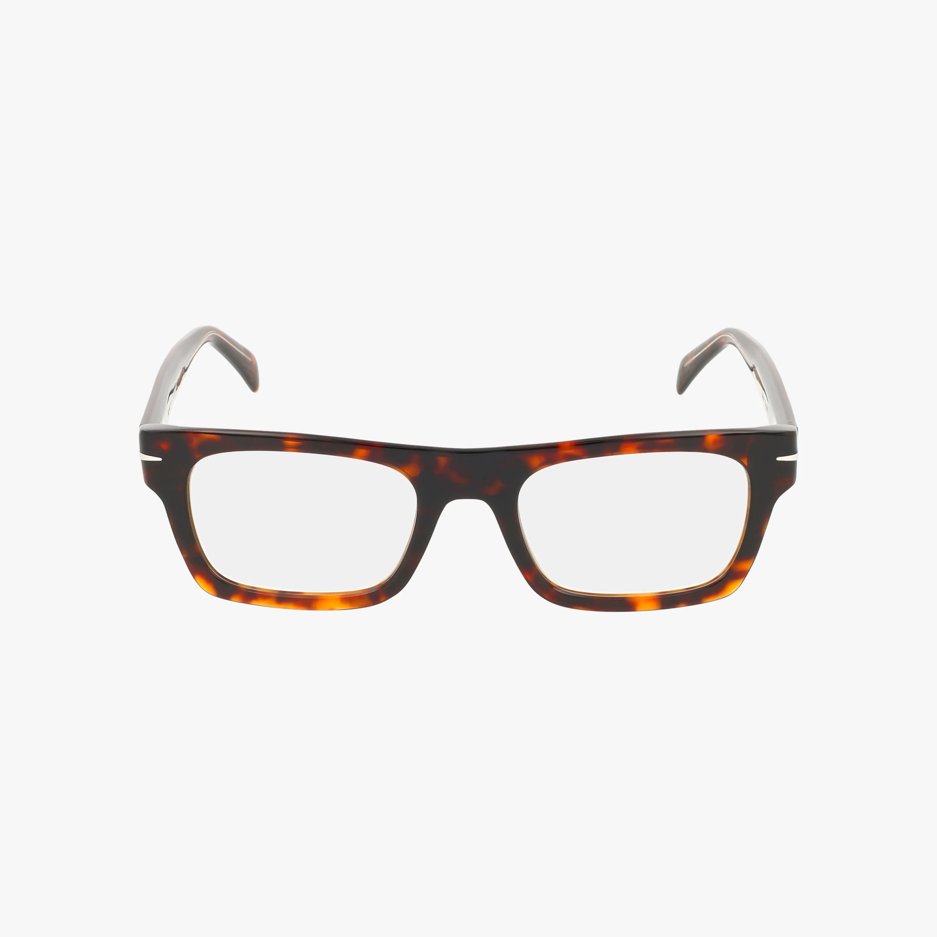 The DB 7129/CS rectangular tortoiseshell eyeglasses feature thick frames and clear lenses, blending outdoor elegance with practical vision benefits. Shown from the front on a white background.