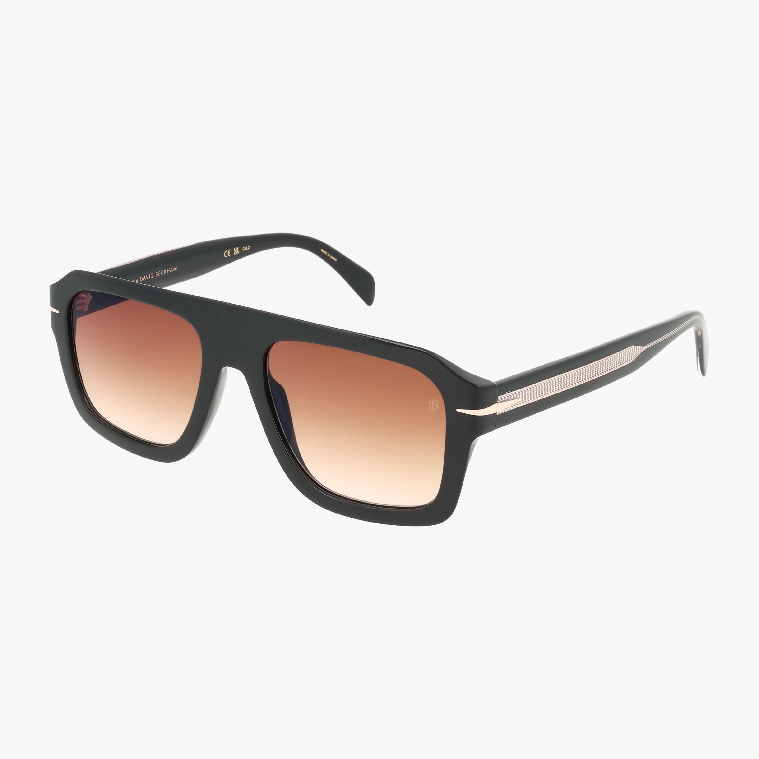The DB 7127/S are black rectangular sunglasses with thick, durable frames and brown gradient lenses, accented with metallic details on the arms. Perfect for adding style when you buy glasses online. Shown on a white background.