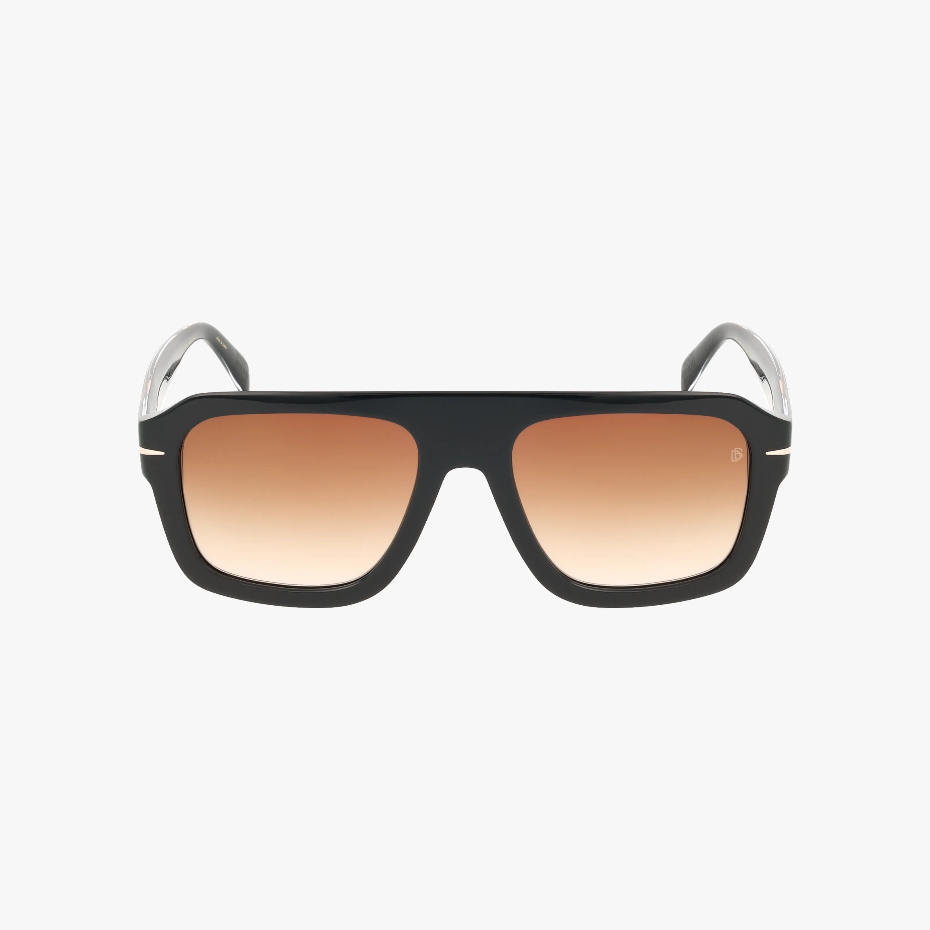 DB 7127/S: Black rectangular durable sunglasses with thick frames and brown gradient lenses, shown on a white background. Slightly curved temples with metallic accents near the hinges—ideal for online eyewear shoppers.