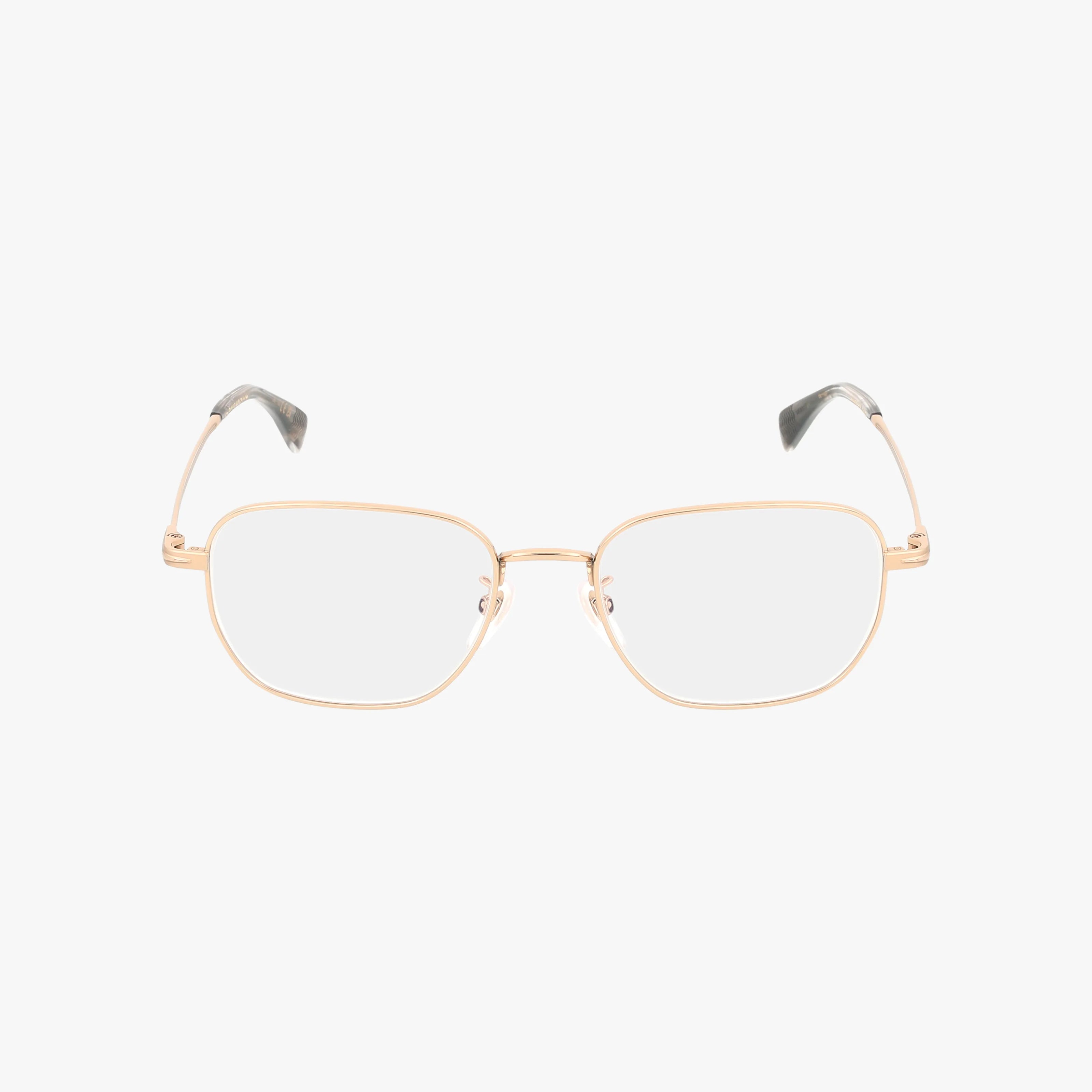 DB 1168/F: Modern gold metal rectangular eyeglasses with clear prescription lenses, minimalist design, and black temple tips. The glasses are centered on a white background.