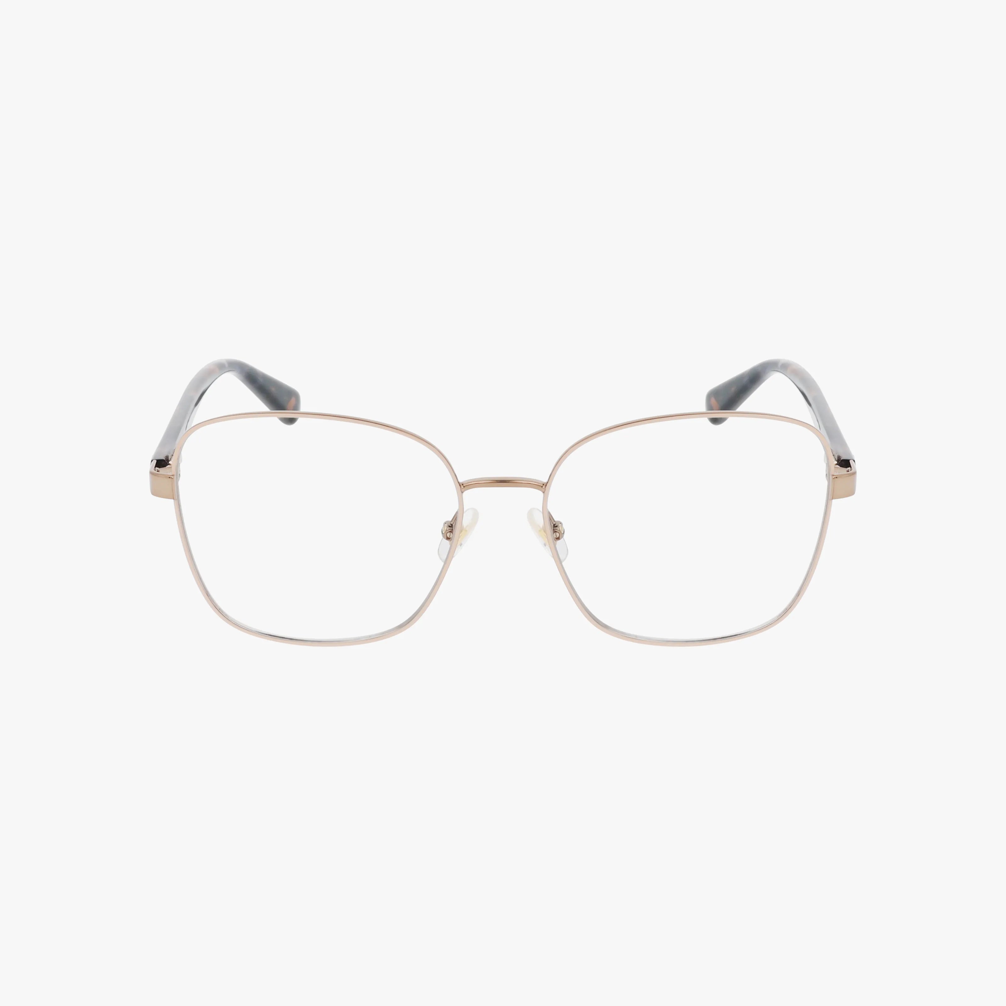 The KORA/G is a pair of eyeglasses with thin gold metal rectangular frames and lightweight, slightly curved black temples, shown on a plain white background.