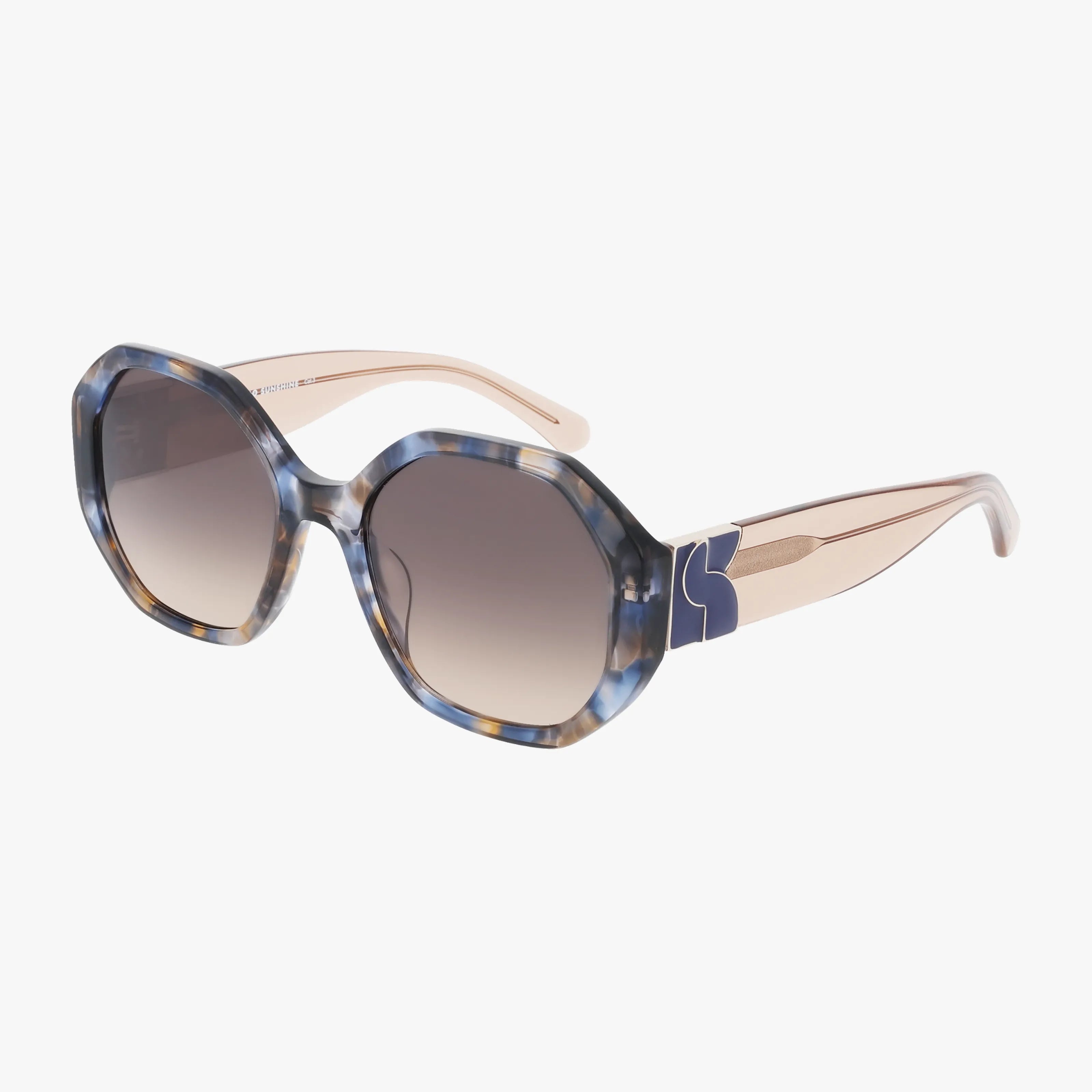 The FLYNNIE/G/S features octagonal sunglasses with blue and beige mottled frames, light brown arms, and gradient brown lenses for stylish sun protection, shown against a white background.