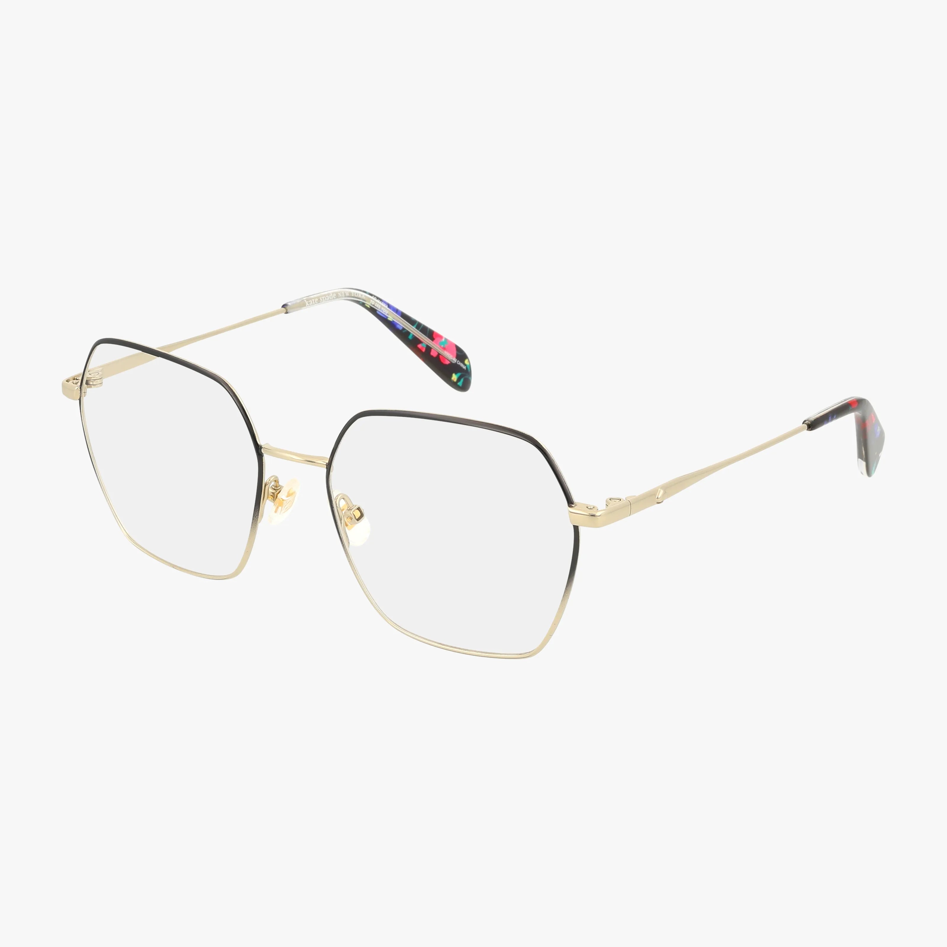 HELKA 2/G/T eyeglasses feature gold, geometric thin metal frames with clear prescription lenses and colorful abstract-patterned temple tips, offering a modern, minimalistic look against a white background.