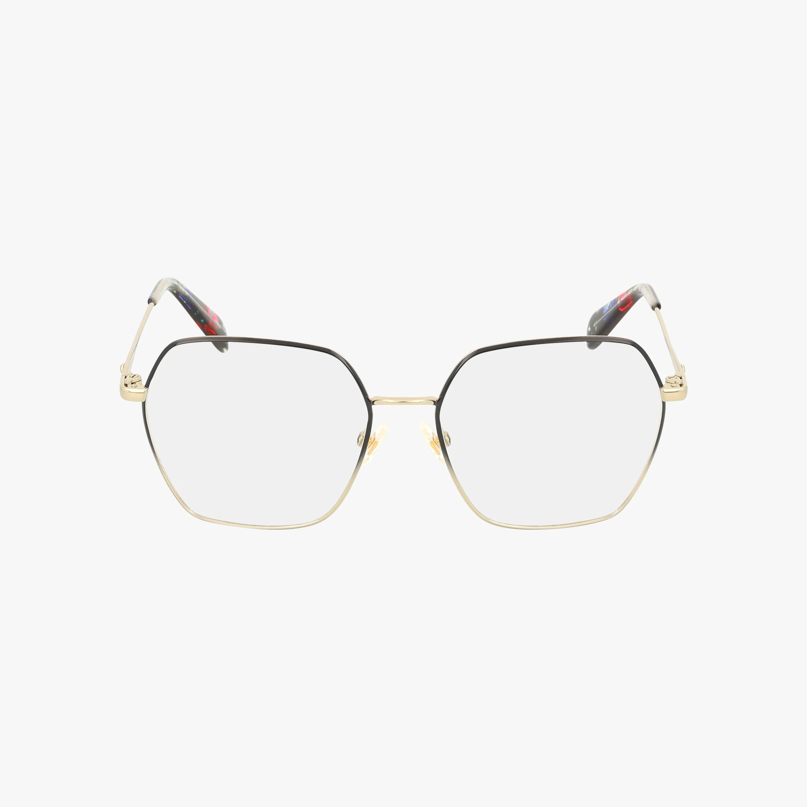 HELKA 2/G/T features thin, geometric gold metal rims with black upper edges and a bold black-and-red pattern near the hinges. Clear prescription lenses and nose pads complete this unique and stylish eyeglass frame.