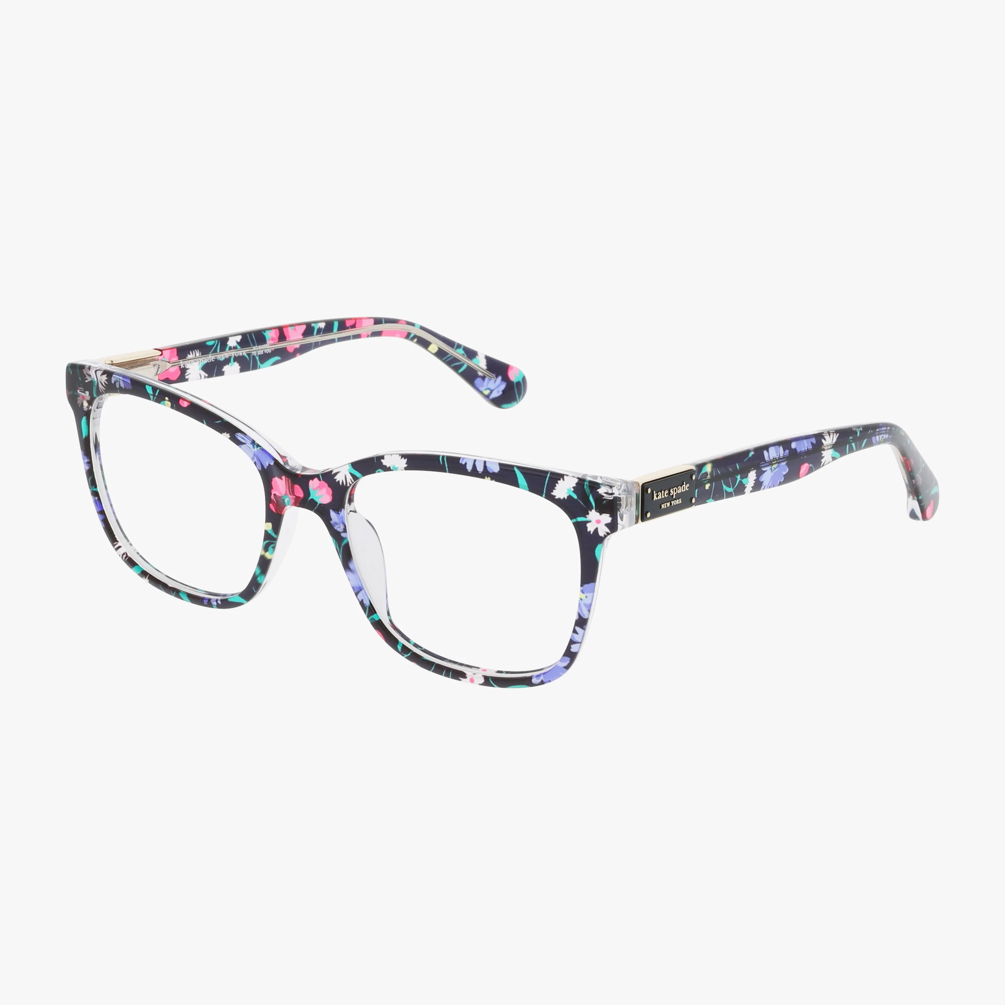 The CAROLAN/2G features an elegant rectangular frame adorned with a colorful floral pattern on a dark background, showcasing refined arms with pink, purple, blue, and green flowers.