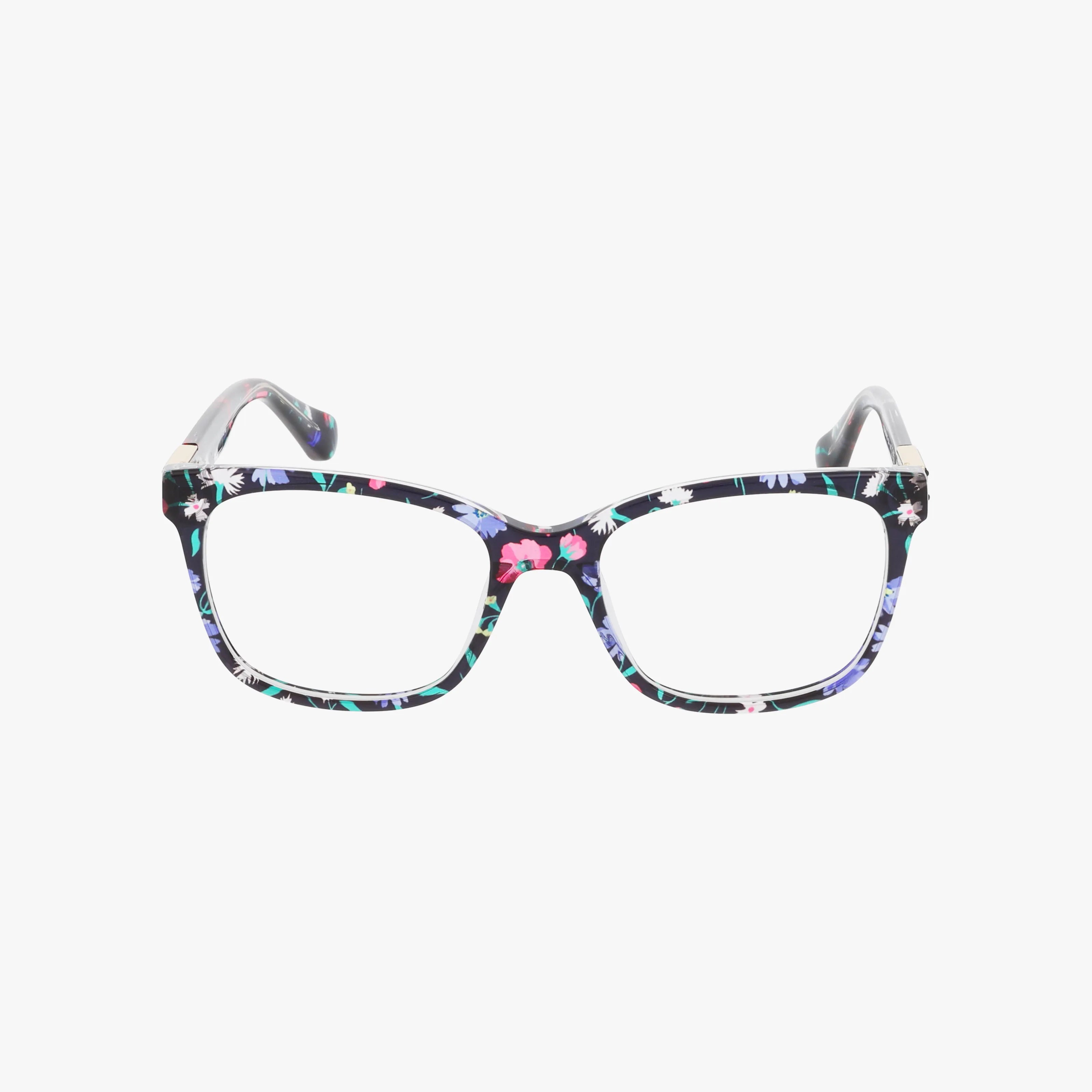 The CAROLAN/2G eyeglasses feature a refined rectangular frame with a colorful floral pattern on black, shown against a plain white background.