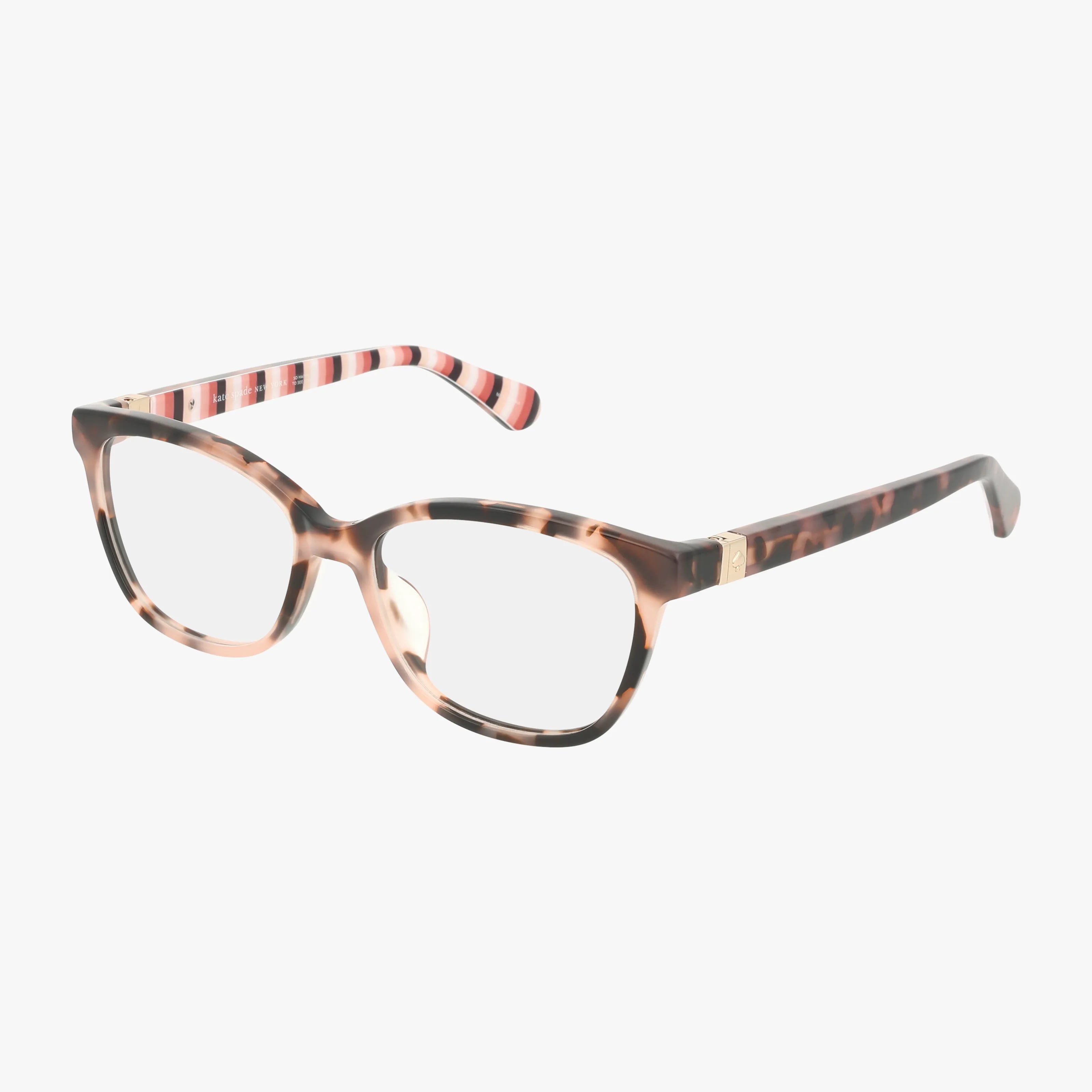 The EMILYN/F eyeglasses feature a tortoiseshell frame with rectangular lenses and pink-and-white striped inner arms, displayed on a plain white background.