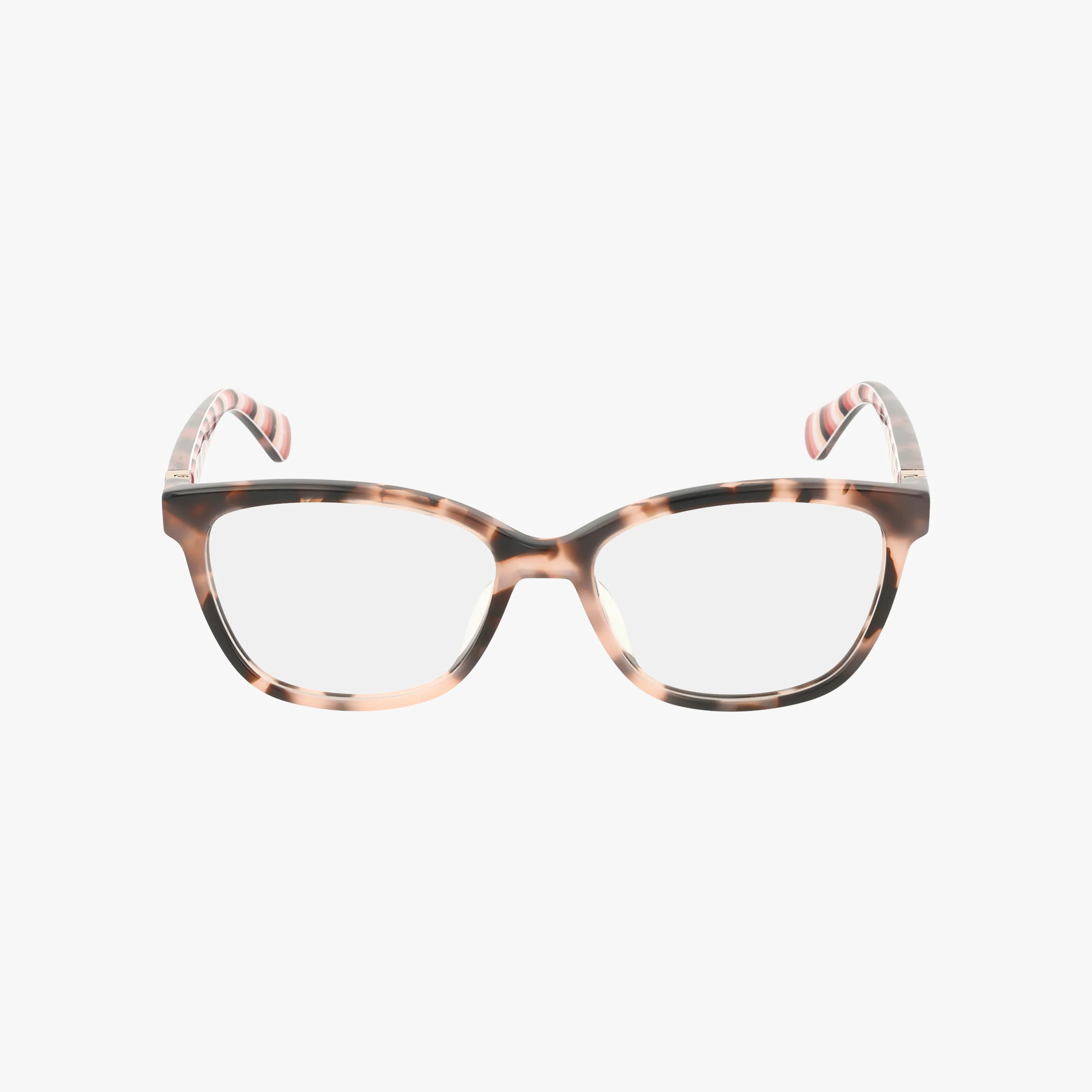 The EMILYN/F cat-eye eyeglasses feature a stylish light pink and brown tortoiseshell frame with pink striped temple tips, designed for progressive lenses, shown on a white background.