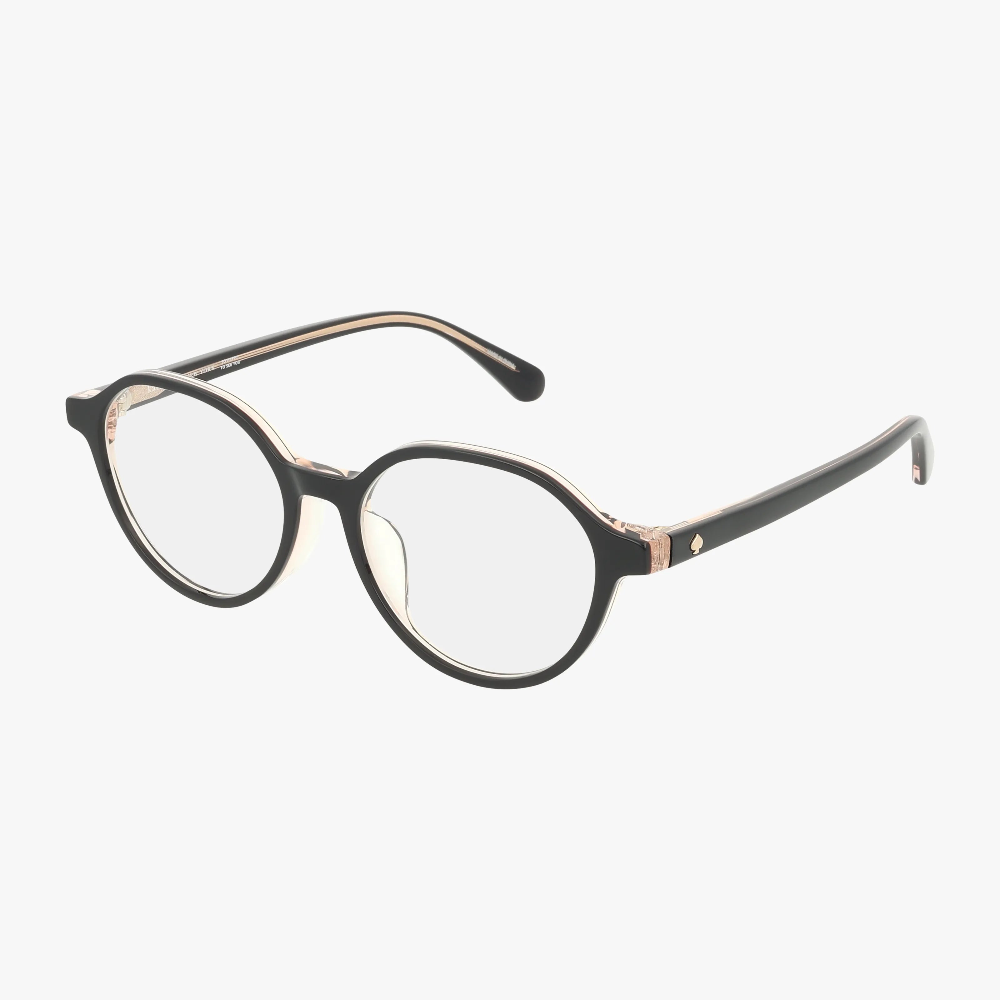 The KARLIE 2/FJ features round black eyeglasses with a sleek frame, clear lenses, and a thin gold accent along the arms, set against a white background for versatile style.