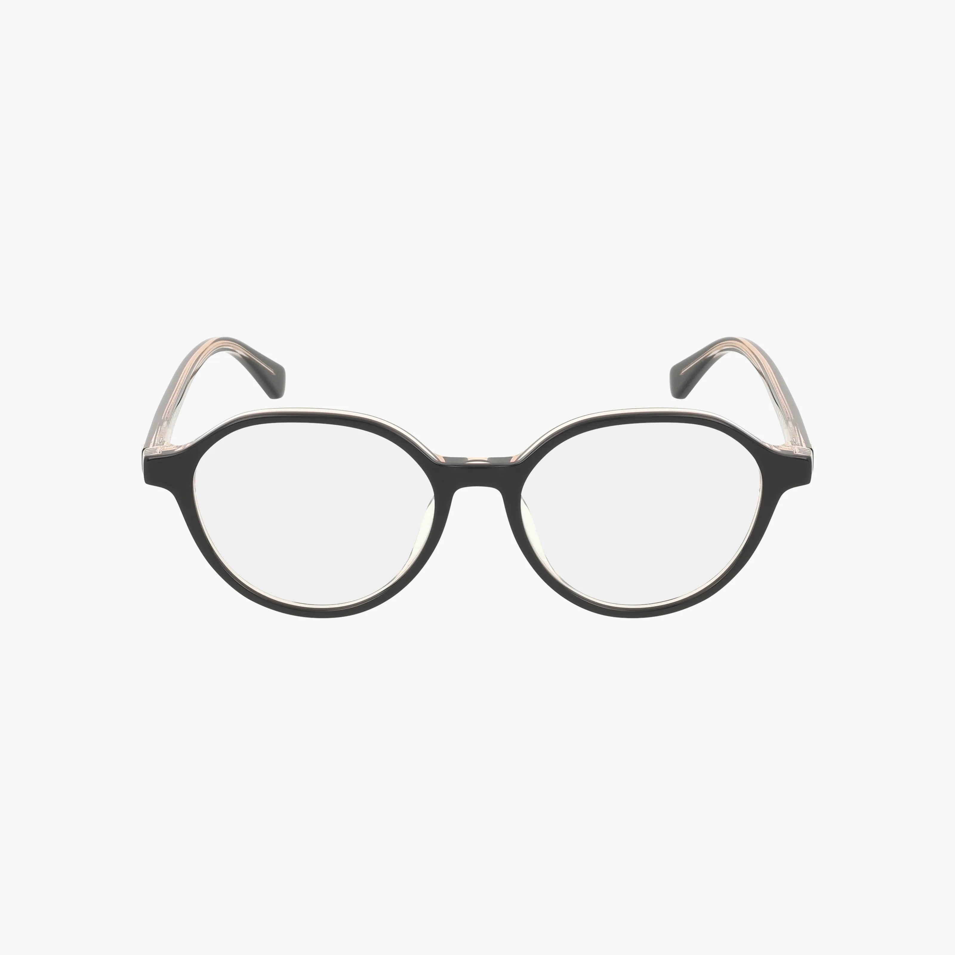 The KARLIE 2/FJ is a pair of black, round eyeglasses with a sleek frame, clear lenses, and subtly curved arms, shown on a white background.