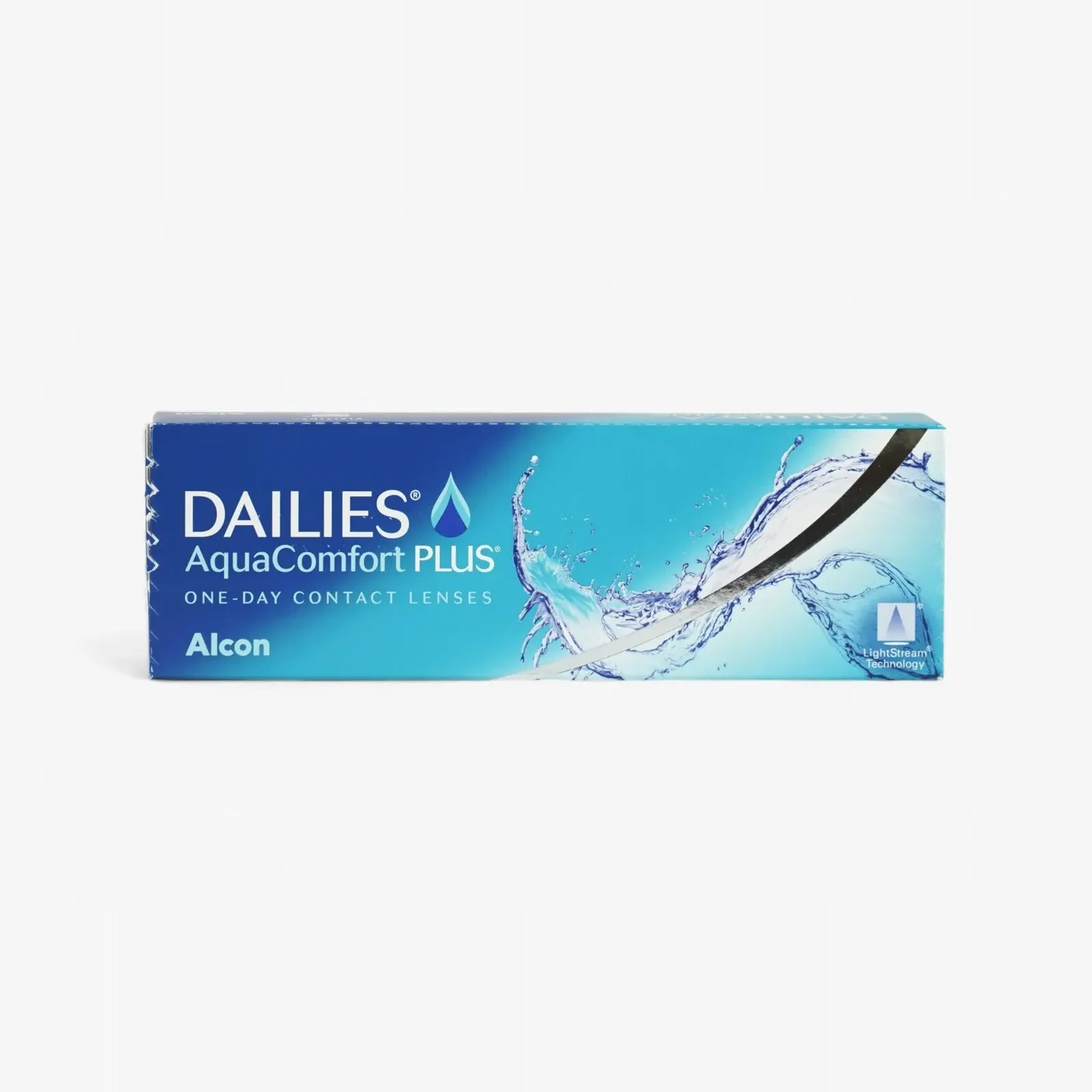 A blue box of Dailies Aquacomfort Plus - 30 Pk daily lenses by Alcon, featuring Blink-Activated Moisture and a water splash graphic on the front.