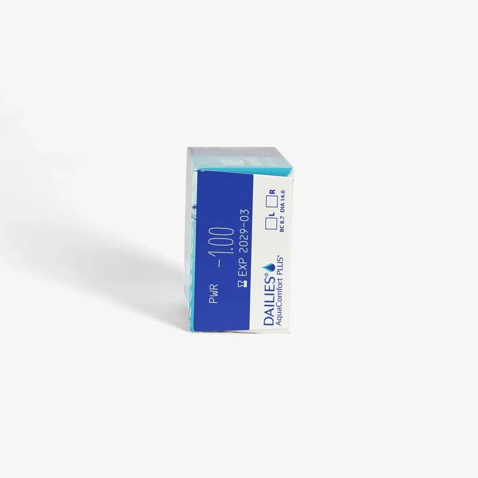 A box of Dailies Aquacomfort Plus - 30 Pk daily contact lenses stands upright on a white background, showing labeling with prescription -1.00, expiration date 2023-09, and Blink-Activated Moisture technology.