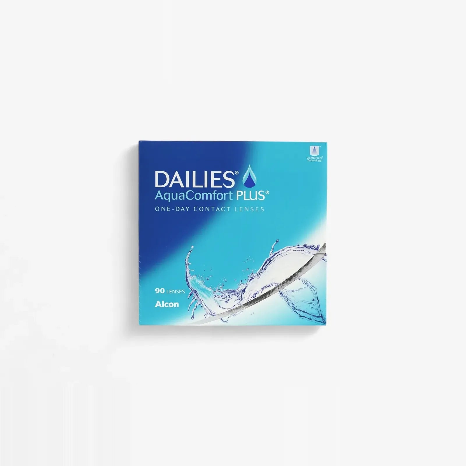A blue and white box of Dailies Aquacomfort Plus - 90 Pk daily lenses with Blink-Activated Moisture by Alcon, featuring a water splash graphic and branding. Each box contains 90 lenses.