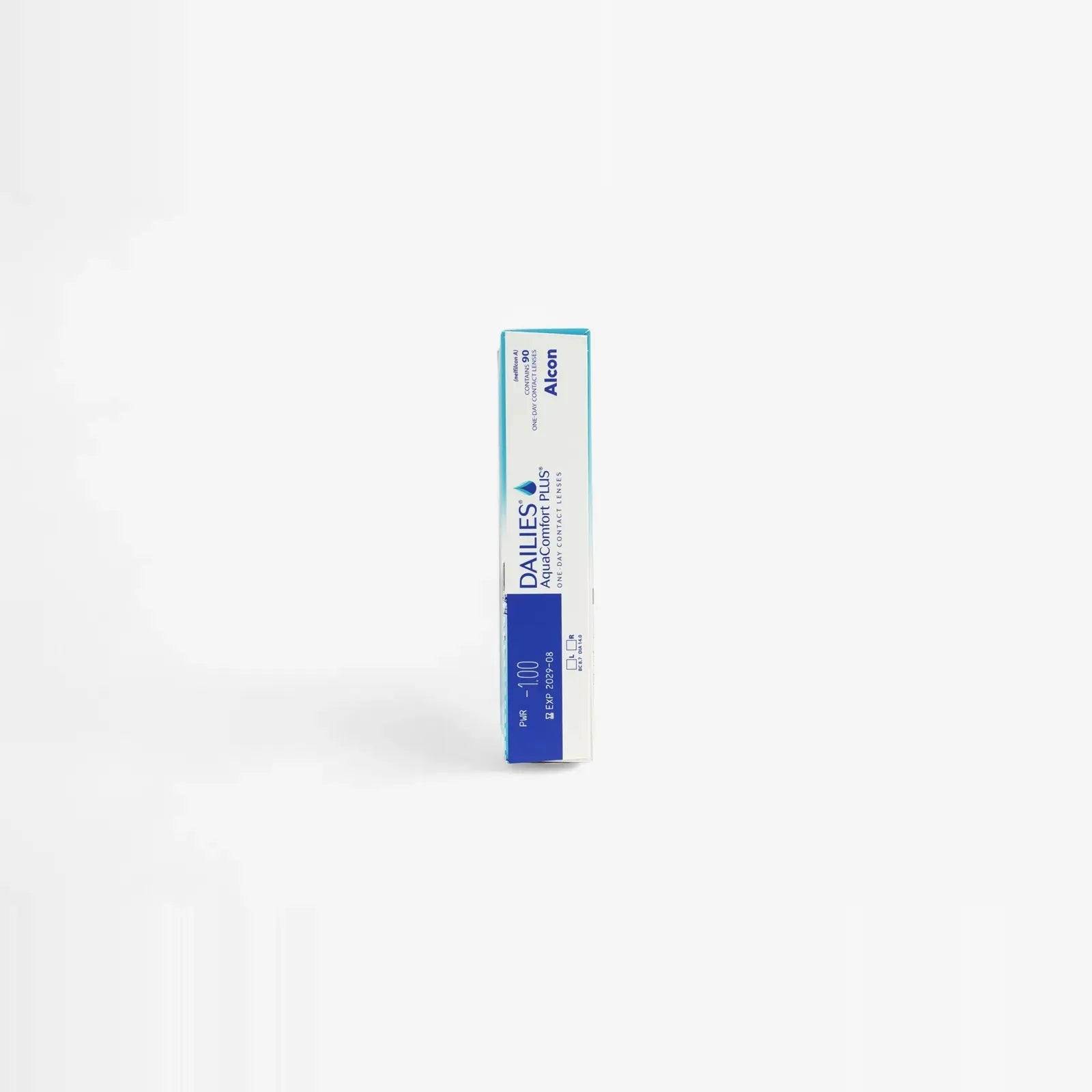 A rectangular white and blue box of Dailies Aquacomfort Plus - 90 Pk daily contact lenses stands upright on a plain white background, highlighting Blink-Activated Moisture for lasting comfort.