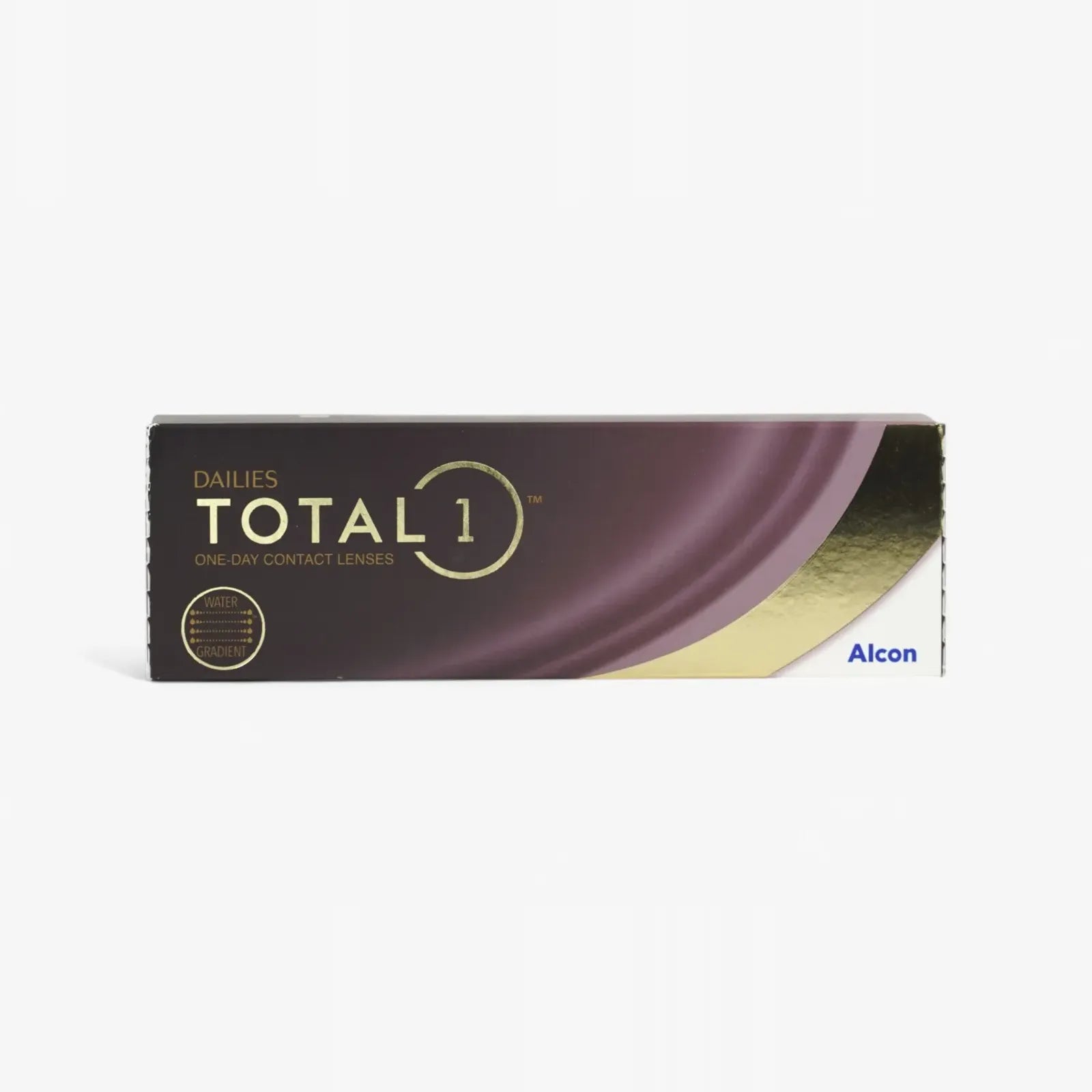 A rectangular box of Dailies Total 1 - 30 Pk water gradient contact lenses by Alcon, featuring a dark brown and gold design with the product name on the front.