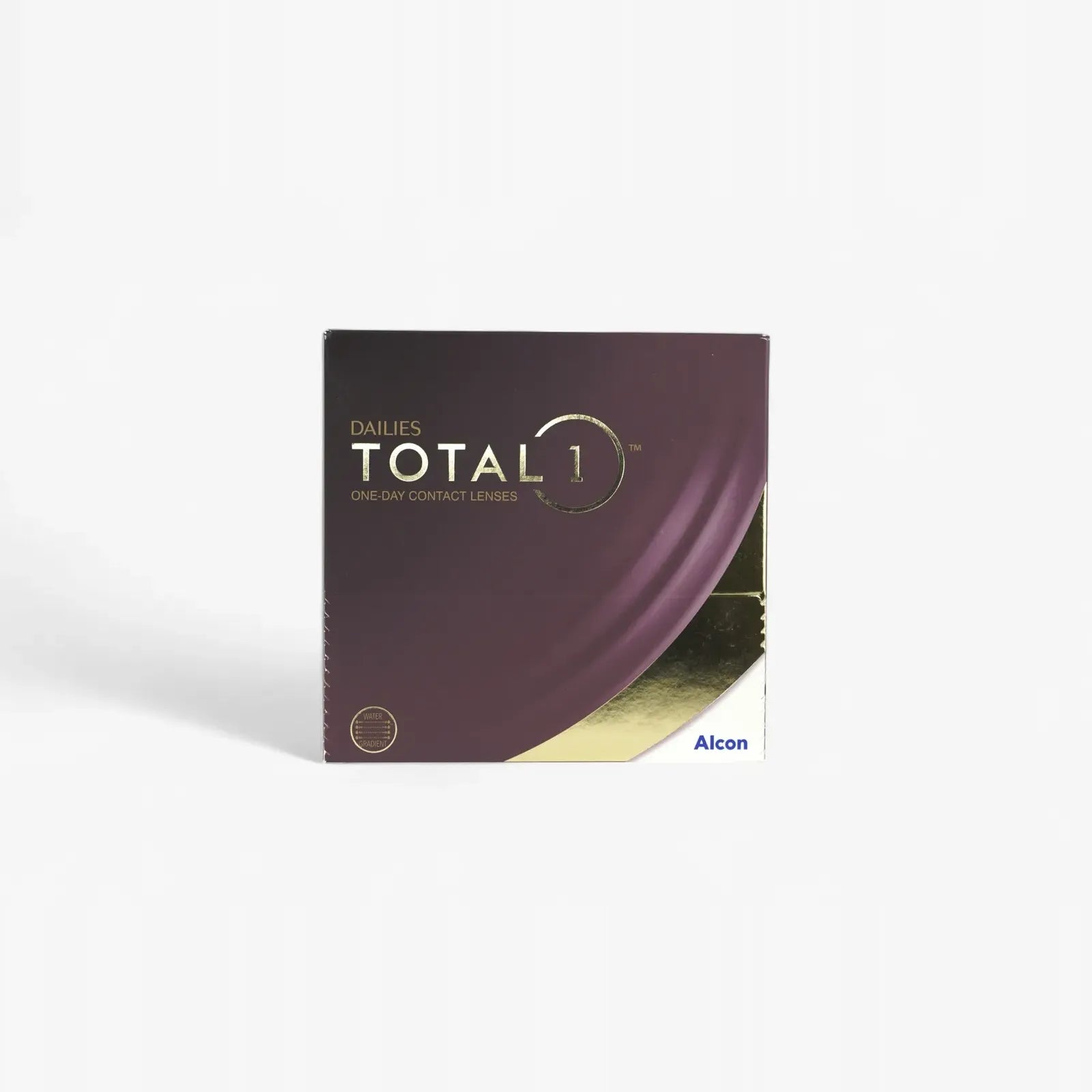 A box of Dailies Total 1 - 90 Pk one-day contact lenses by Alcon, with a dark purple and gold design and the product name on the front.