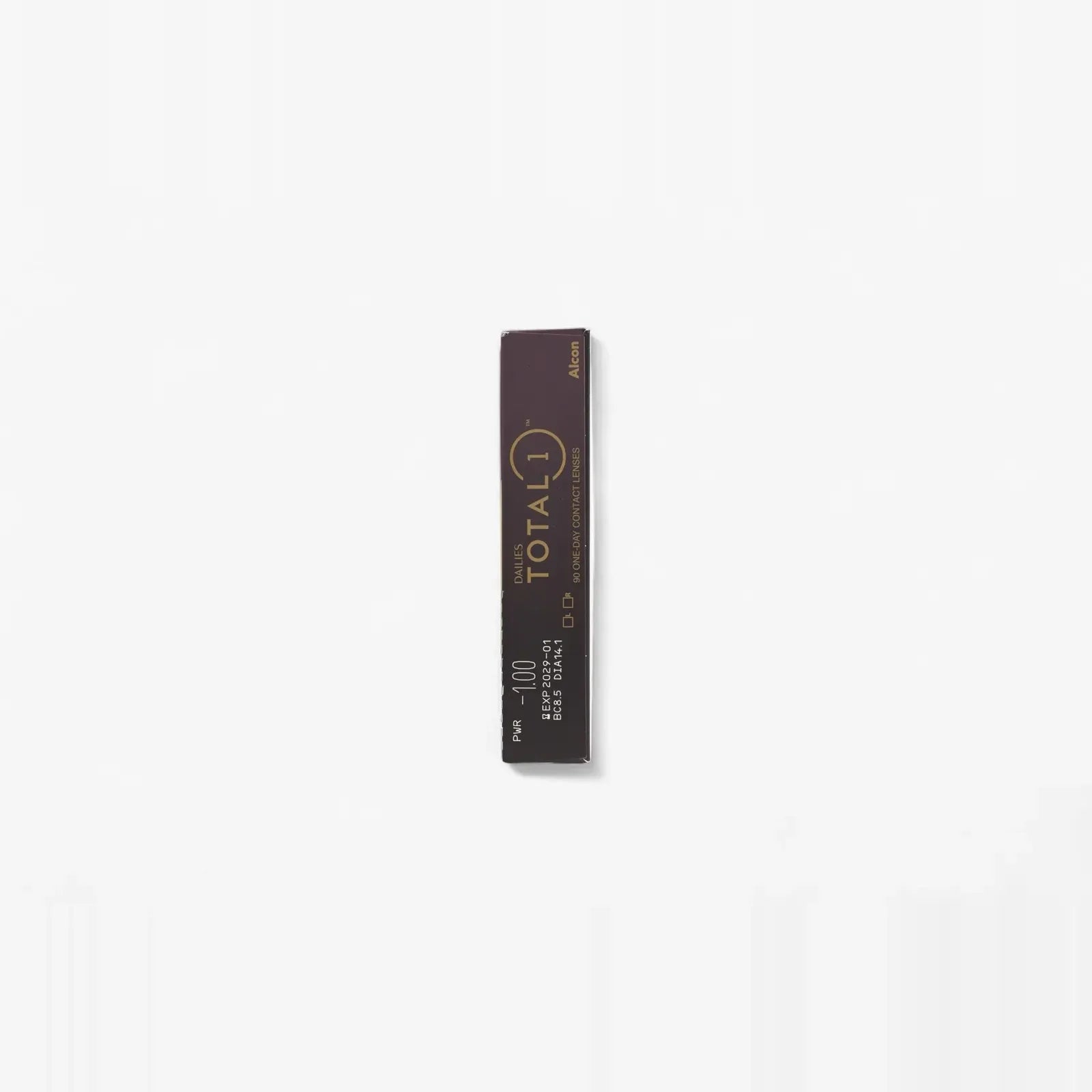 A rectangular dark brown box labeled Dailies Total 1 - 90 Pk stands upright on a plain white background, highlighting water gradient contact lenses for exceptional comfort and marked as prescription lenses.
