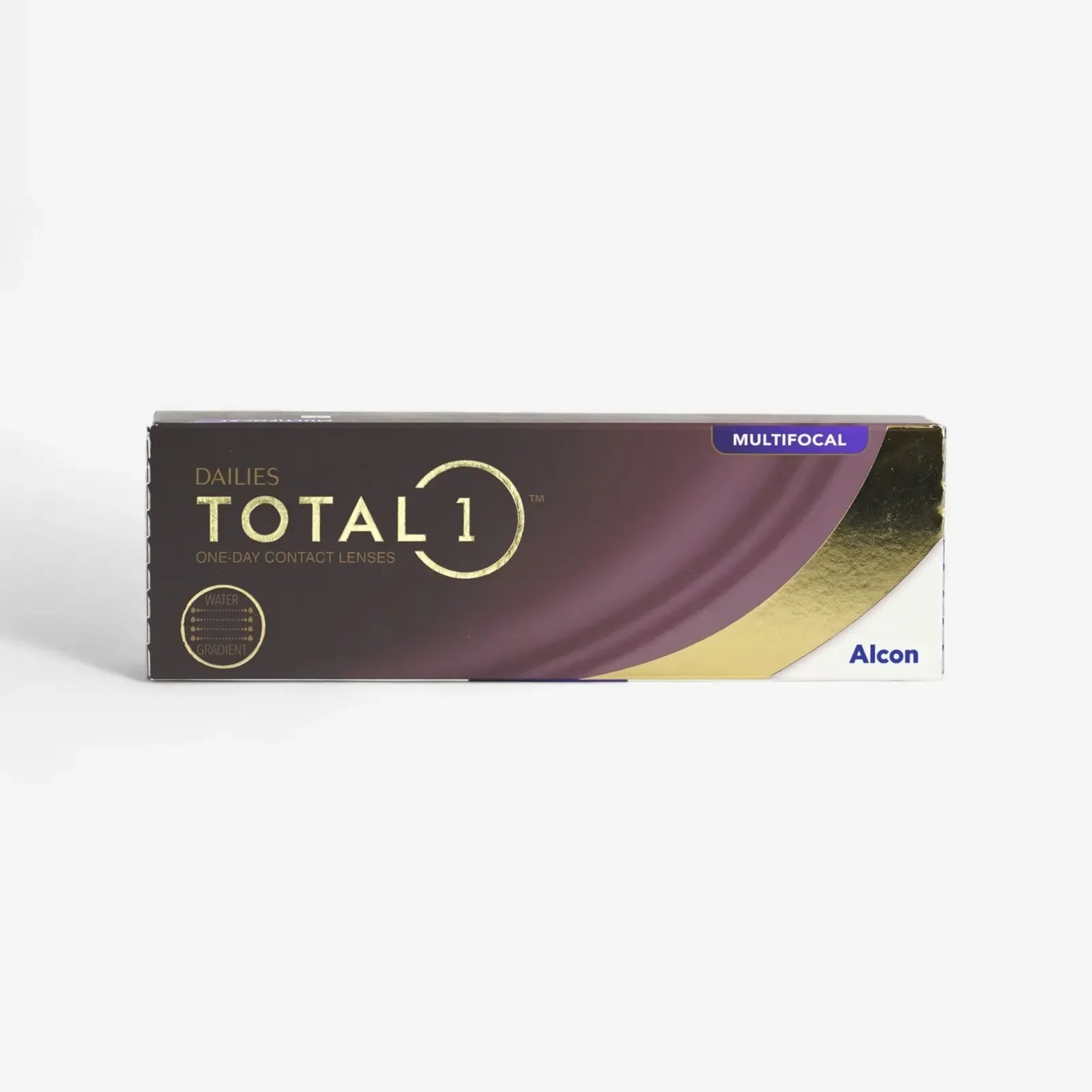 A box of Dailies Total 1 Multifocal - 30 Pk daily disposable contacts by Alcon, featuring a brown and gold design with the product name and branding on the front.